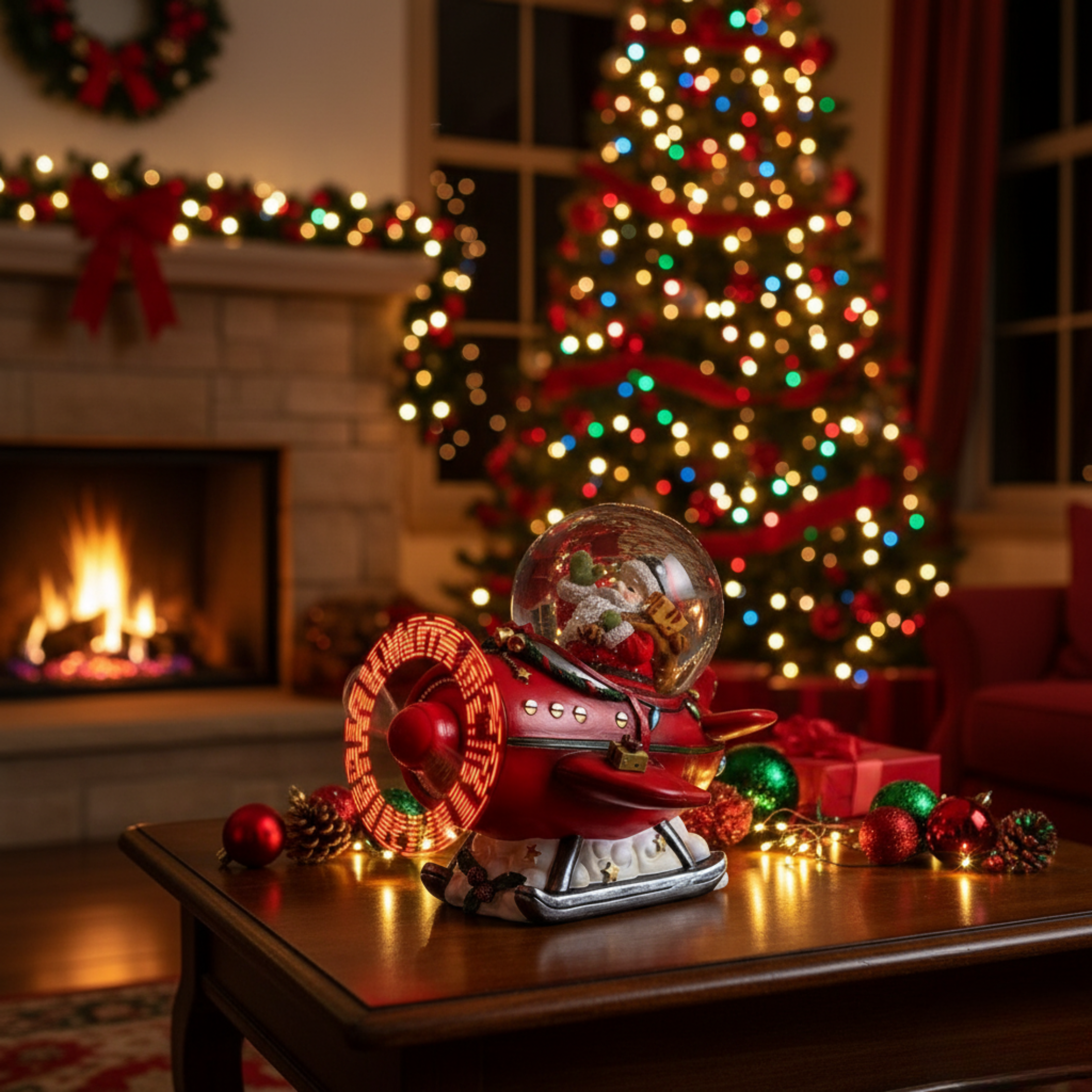 Christmas ball Santa Claus on a plane with LED propellers with the words "Merry Christmas" and snowfall effect 16x14 cm 15h