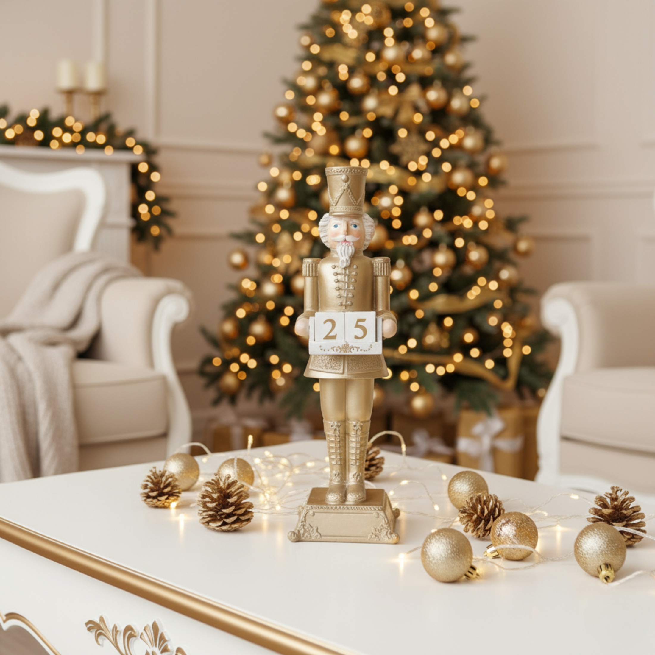 Decorative soldier "Edwyn" in polyresin, classic and refined Christmas decoration, Champagne color, 13.5x13.5x31.5h cm