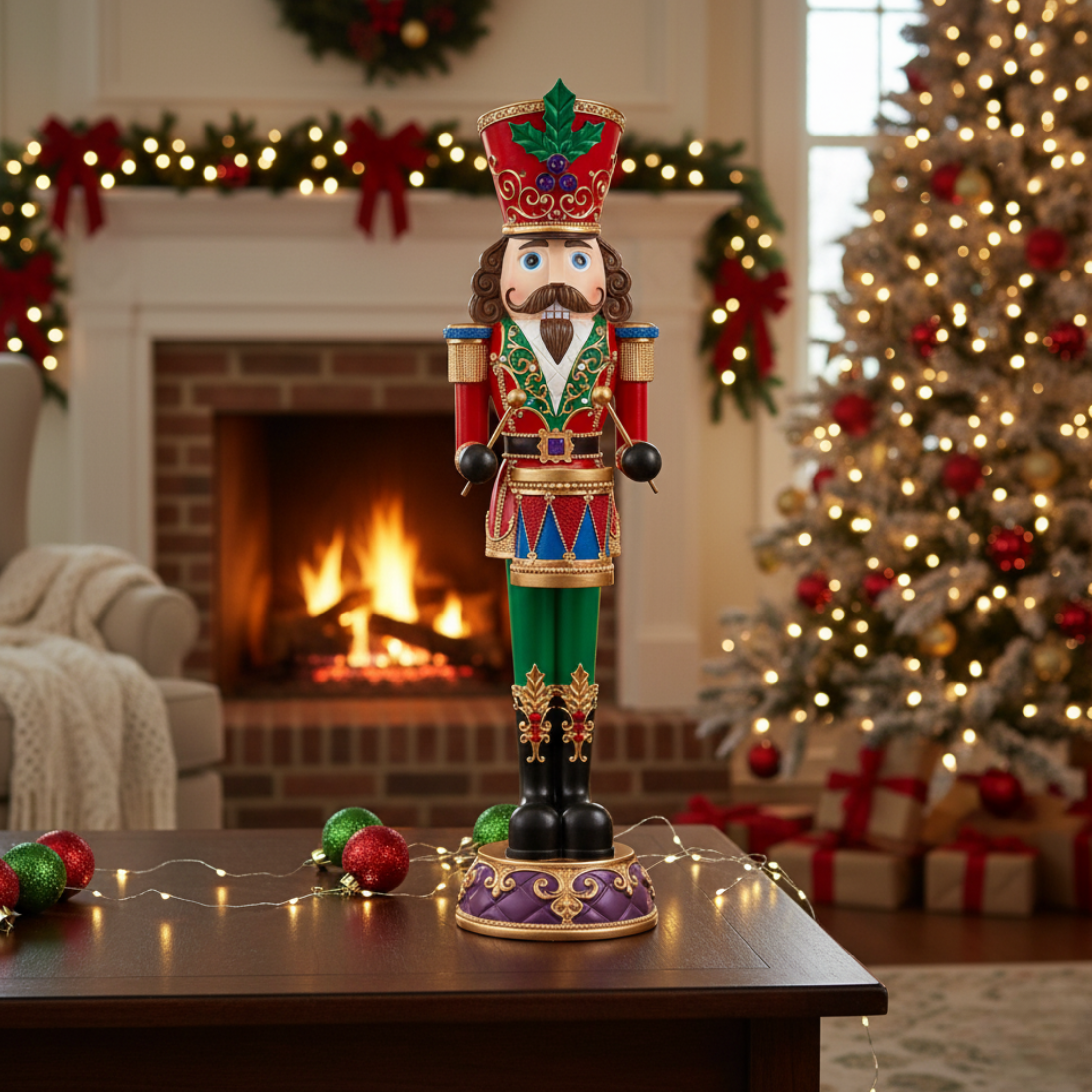Multicolored LED illuminated Christmas soldier, festive decoration, 35 cm high.