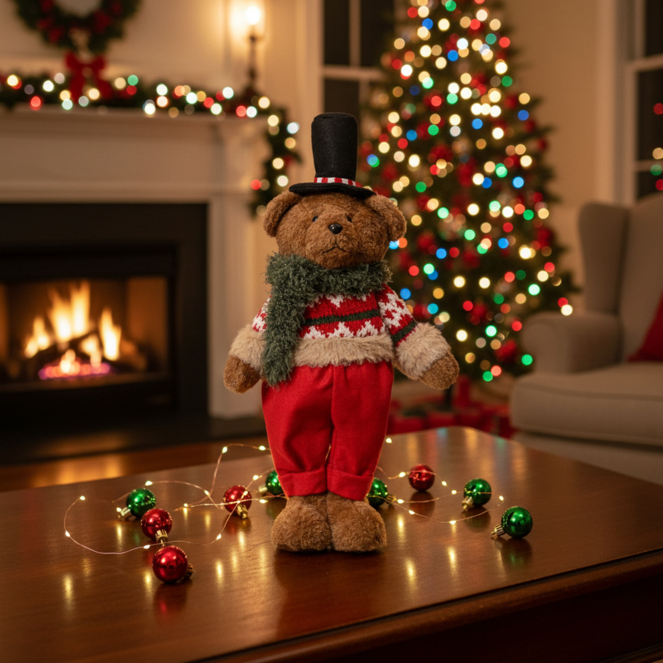 Teddy bear with hat and sweater, polyester Christmas decorations 18x10 cm 37h