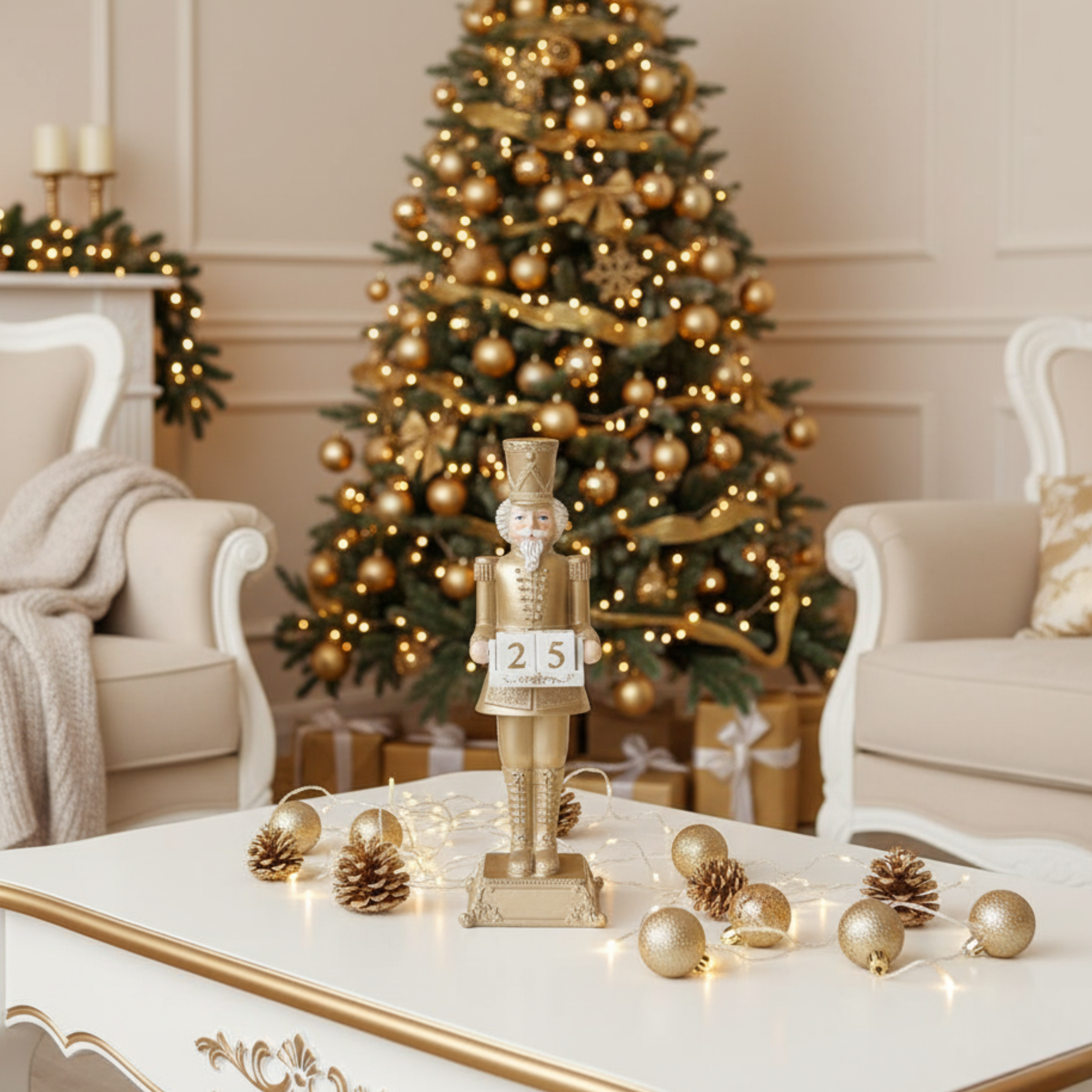 Decorative soldier "Edwyn" in polyresin, classic and refined Christmas decoration, Champagne color, 13.5x13.5x31.5h cm