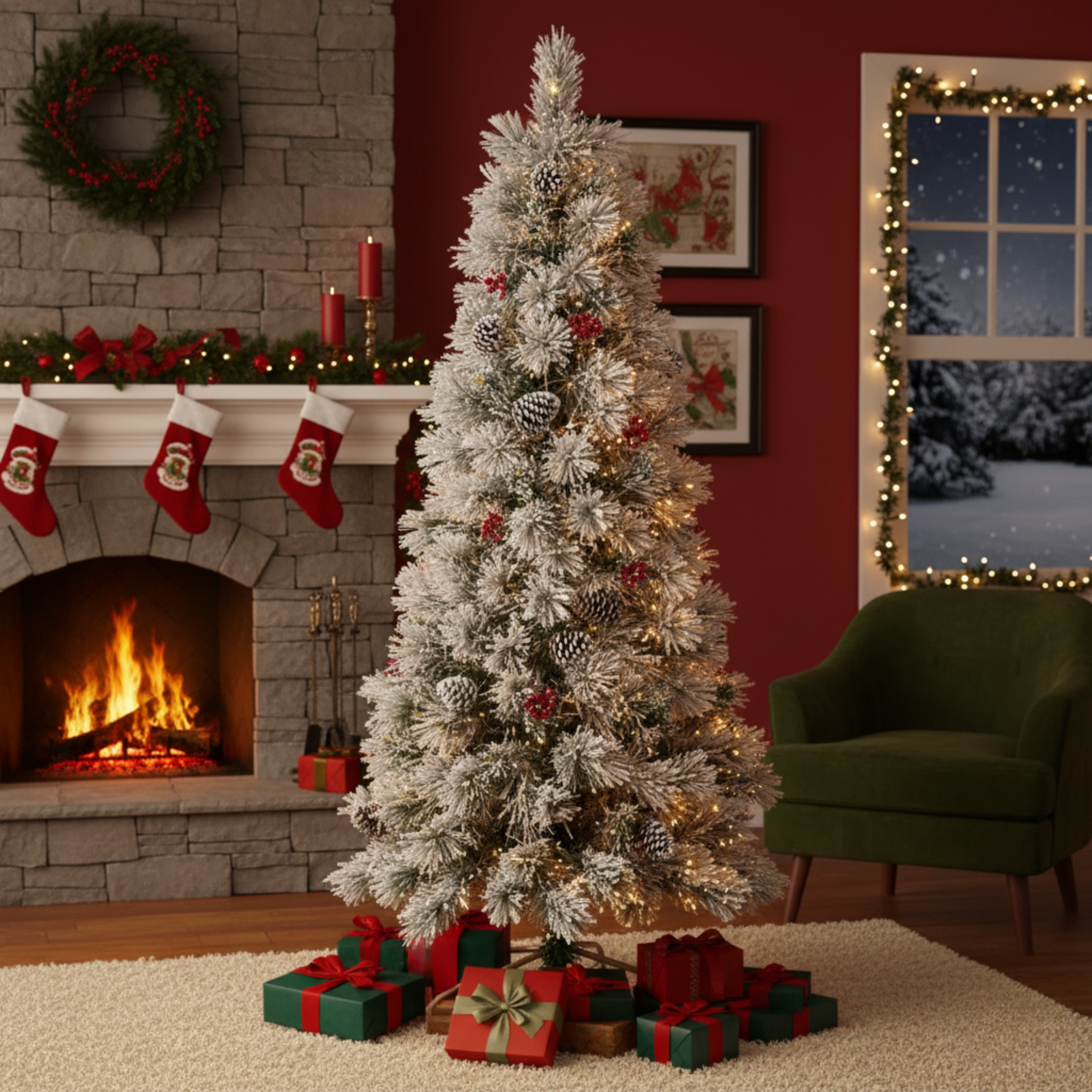 Snowy Christmas tree "Candore" with LED, berries and pine cones in PP Pine needles effect + Flock cm 210h