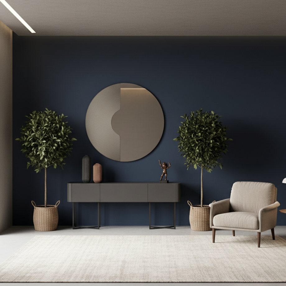 "Ilia" round wall mirror with mesh insert for modern spaces