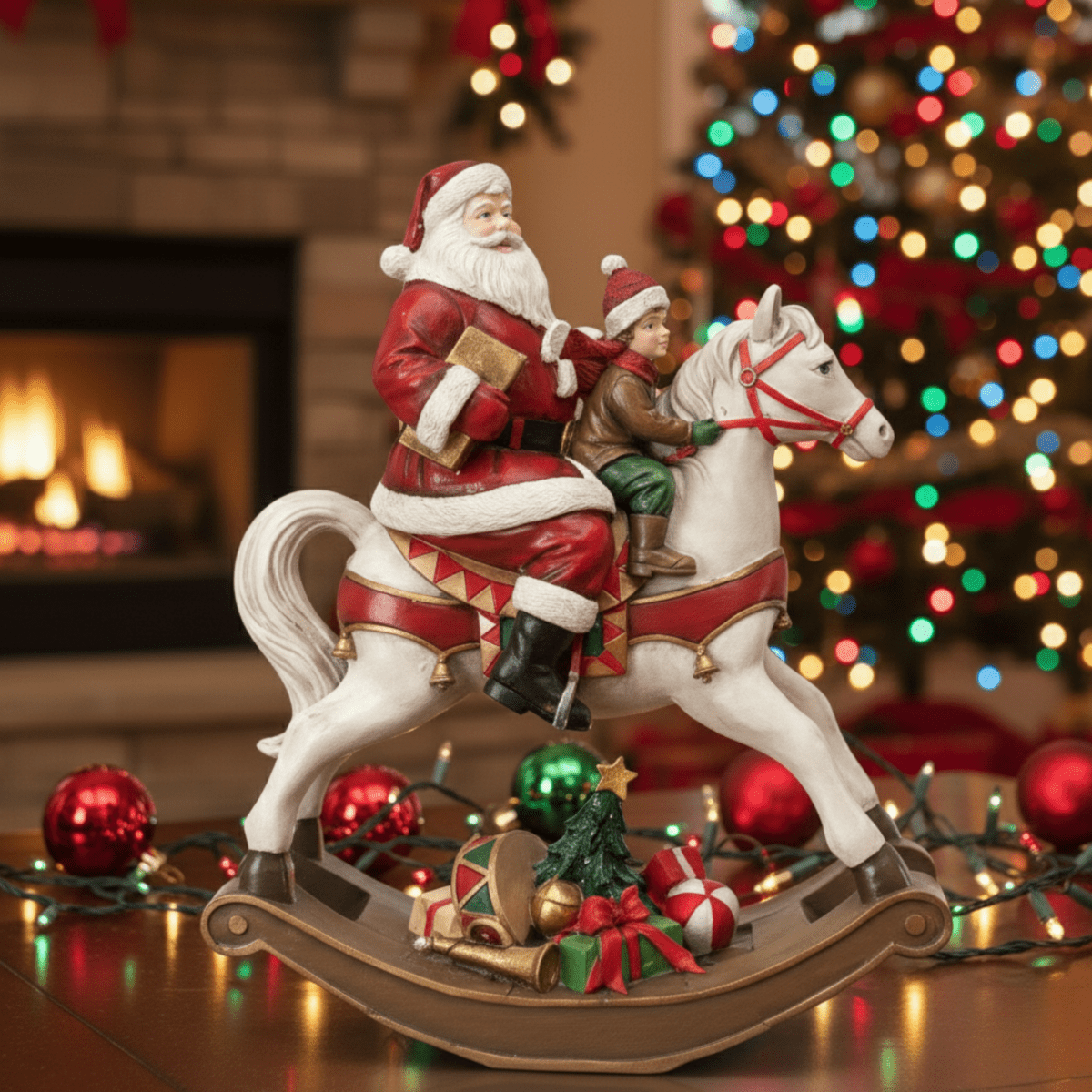 Statuetta cavallo a dondolo con Babbo Natale colori natalizi in poliresina cm 18x8 22h - MondoViro