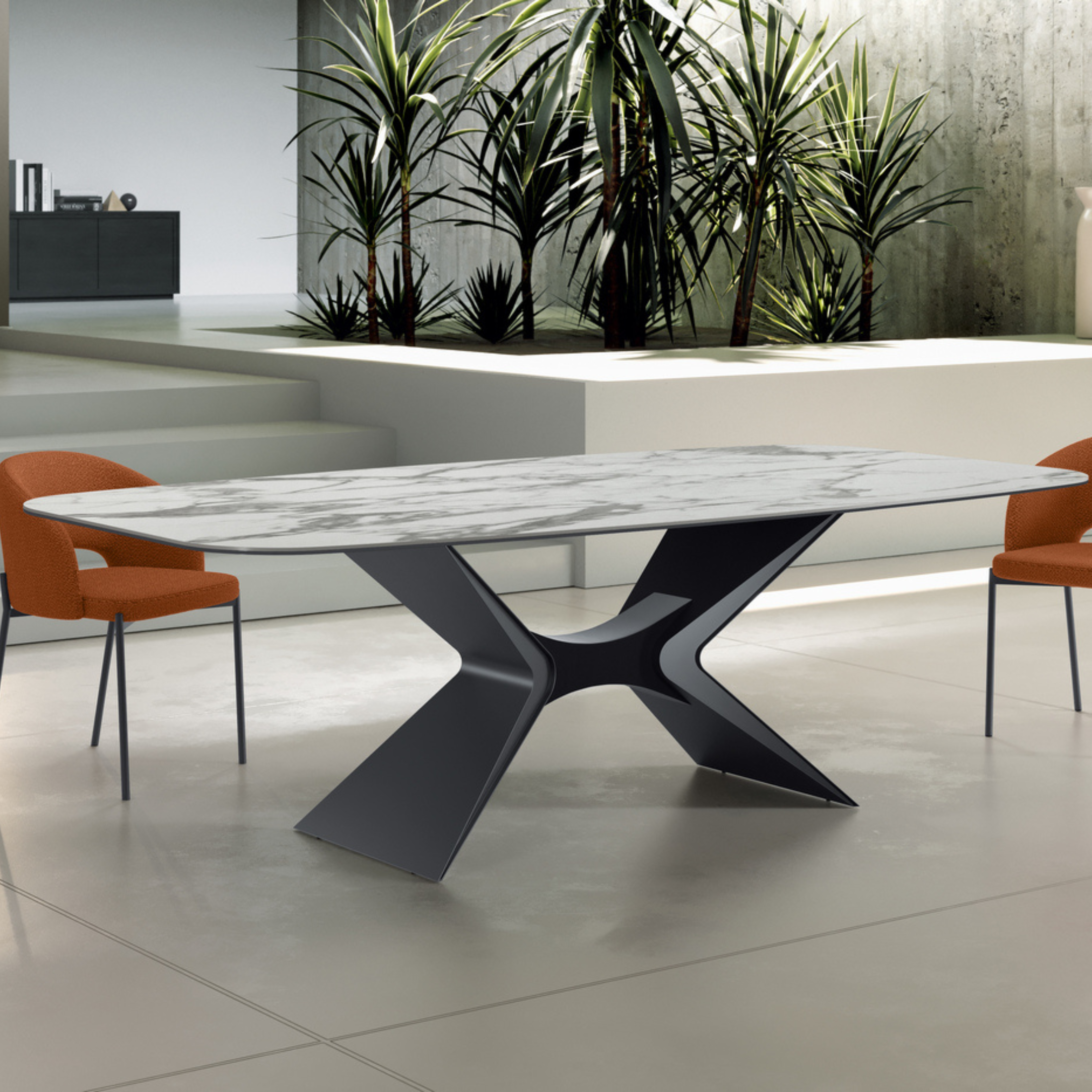 Tavolo fisso "Atlante" con top lucido in ceramica su vetro con struttura in metallo verniciato