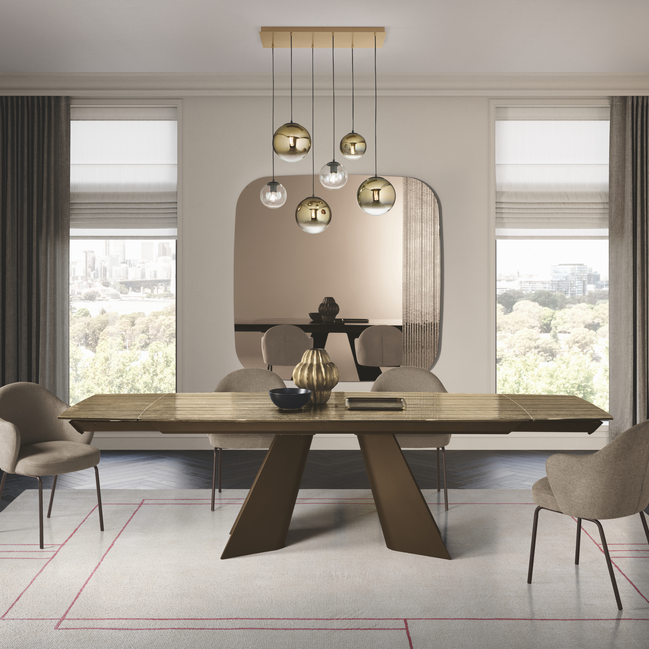 Extendable "Maya" modular table in ribbed glass with back-silvered finish and metal base, 200/286x100 cm, 77 cm high