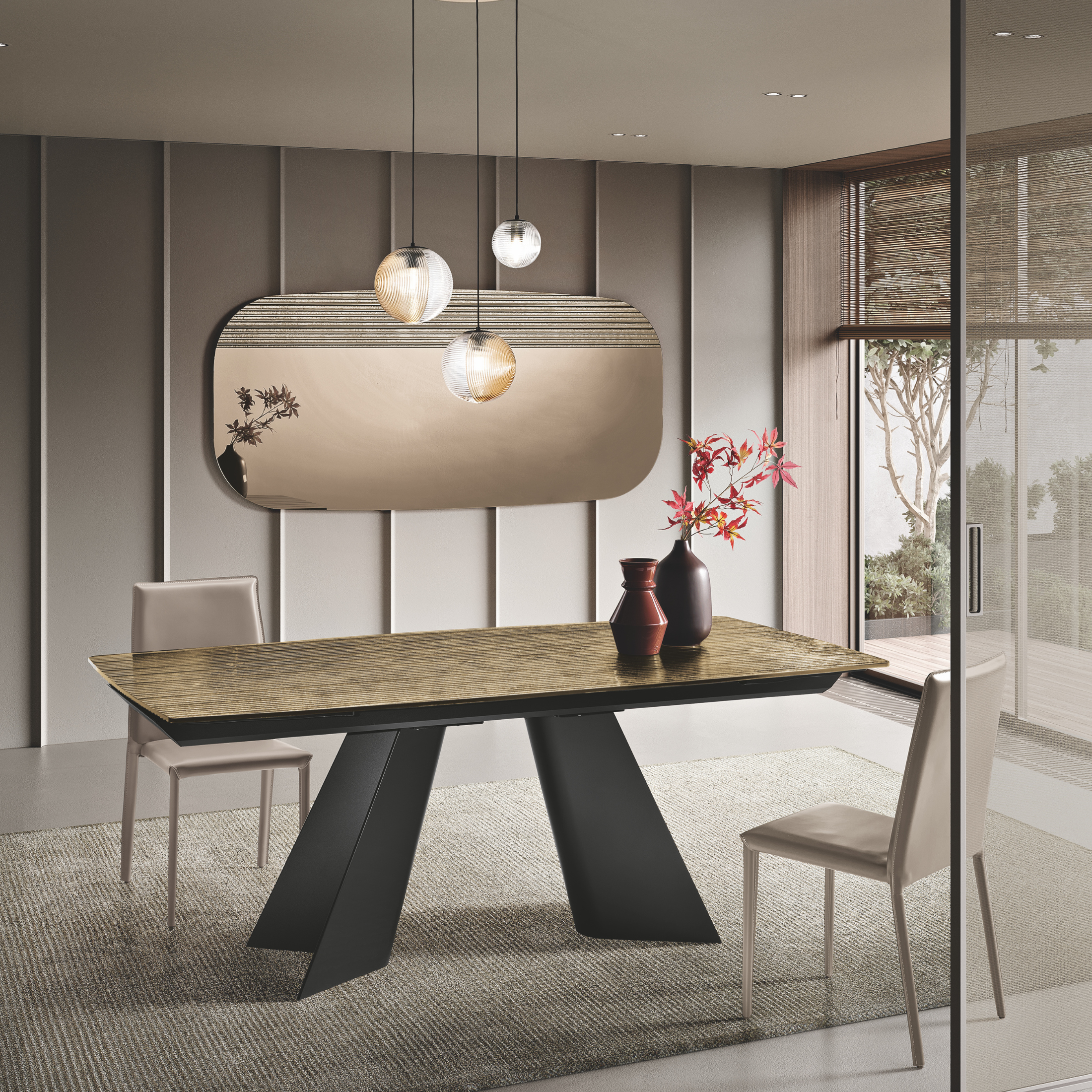 Extendable "Maya" modular table in ribbed glass with back-silvered finish and metal base, 200/286x100 cm, 77 cm high