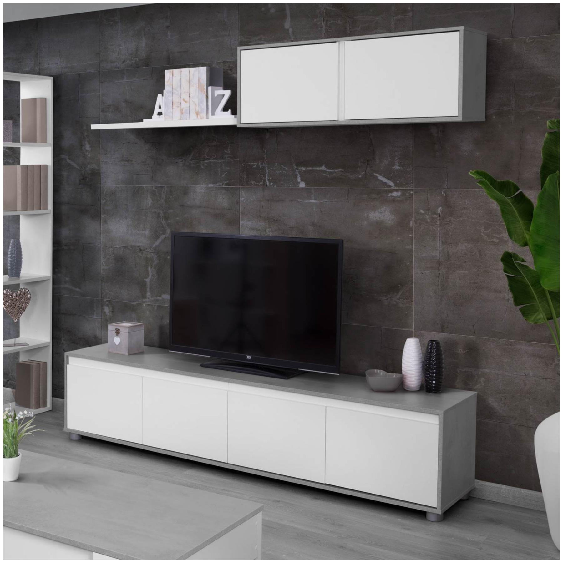 Kit Parete attrezzata Alida bianco cemento con mensola da soggiorno