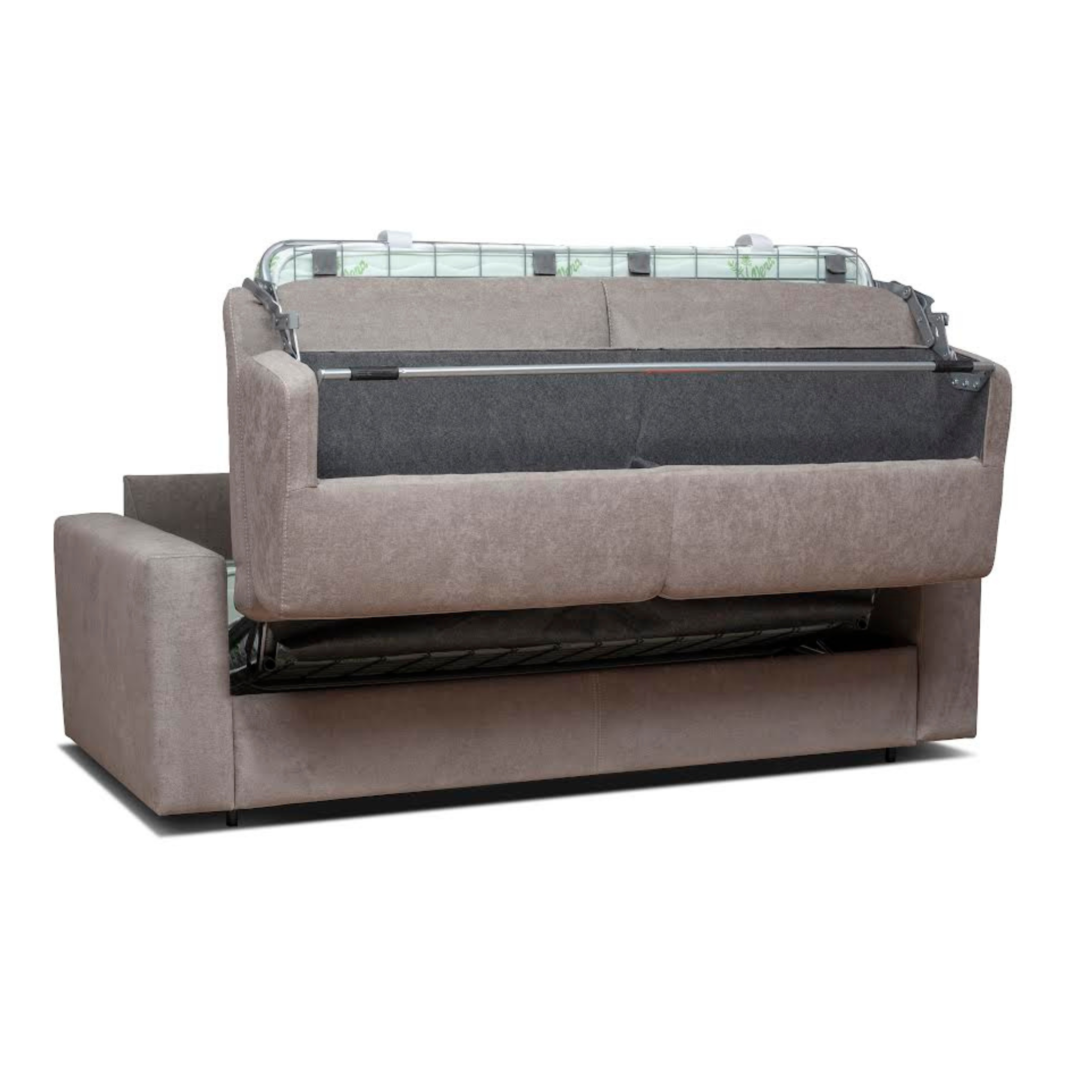 Modern "Queens" 3-seater sofa bed in microfibre and faux leather, 200x100 cm, 82 cm high.