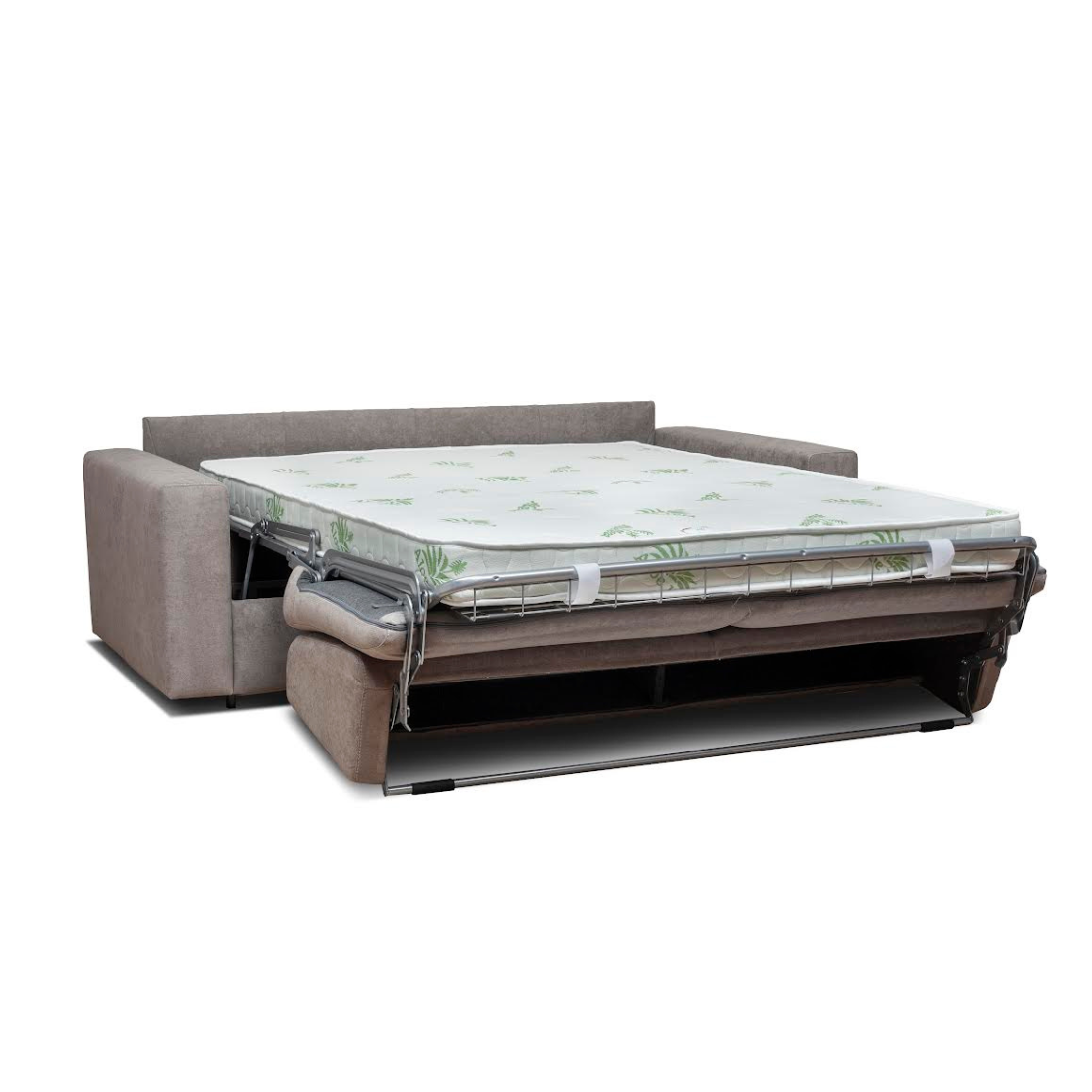 Modern "Queens" 3-seater sofa bed in microfibre and faux leather, 200x100 cm, 82 cm high.