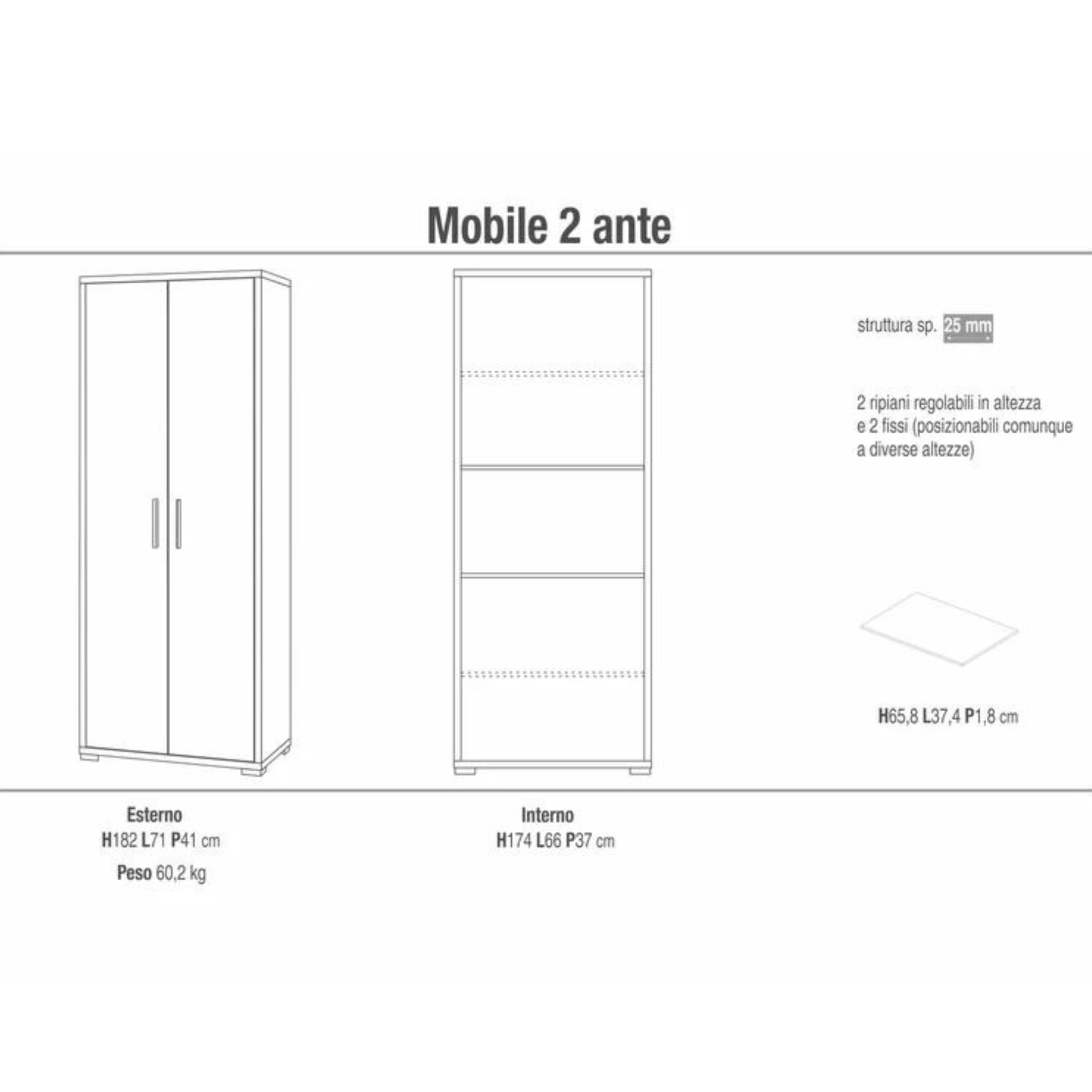 "Organized2" 2-door shoe rack with 4 shelves, 71x41 cm, 199 cm high