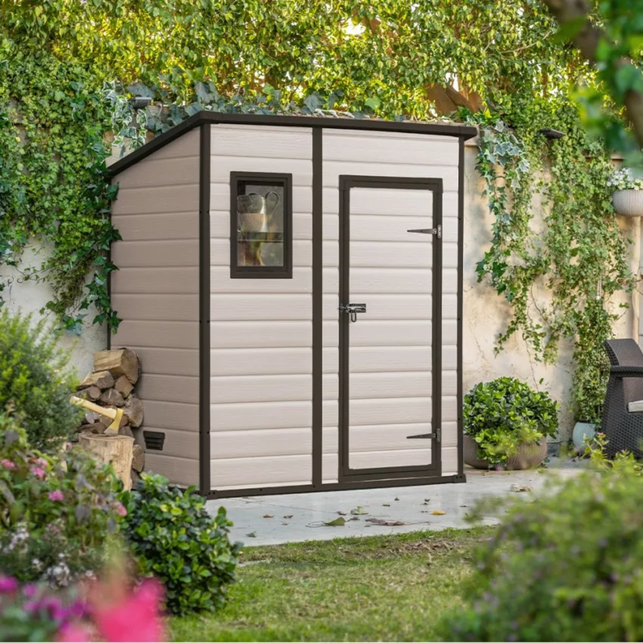 Beige wood-effect "Coffee" garden shed with front window