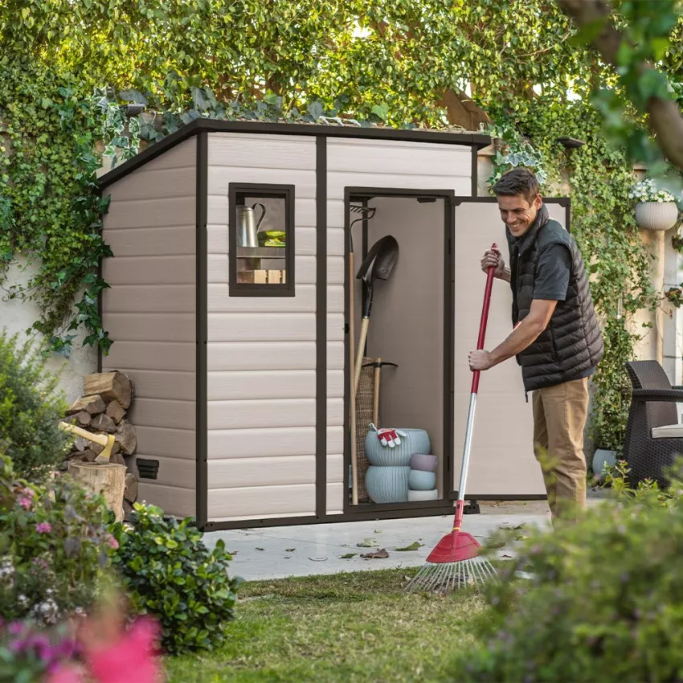Beige wood-effect "Coffee" garden shed with front window