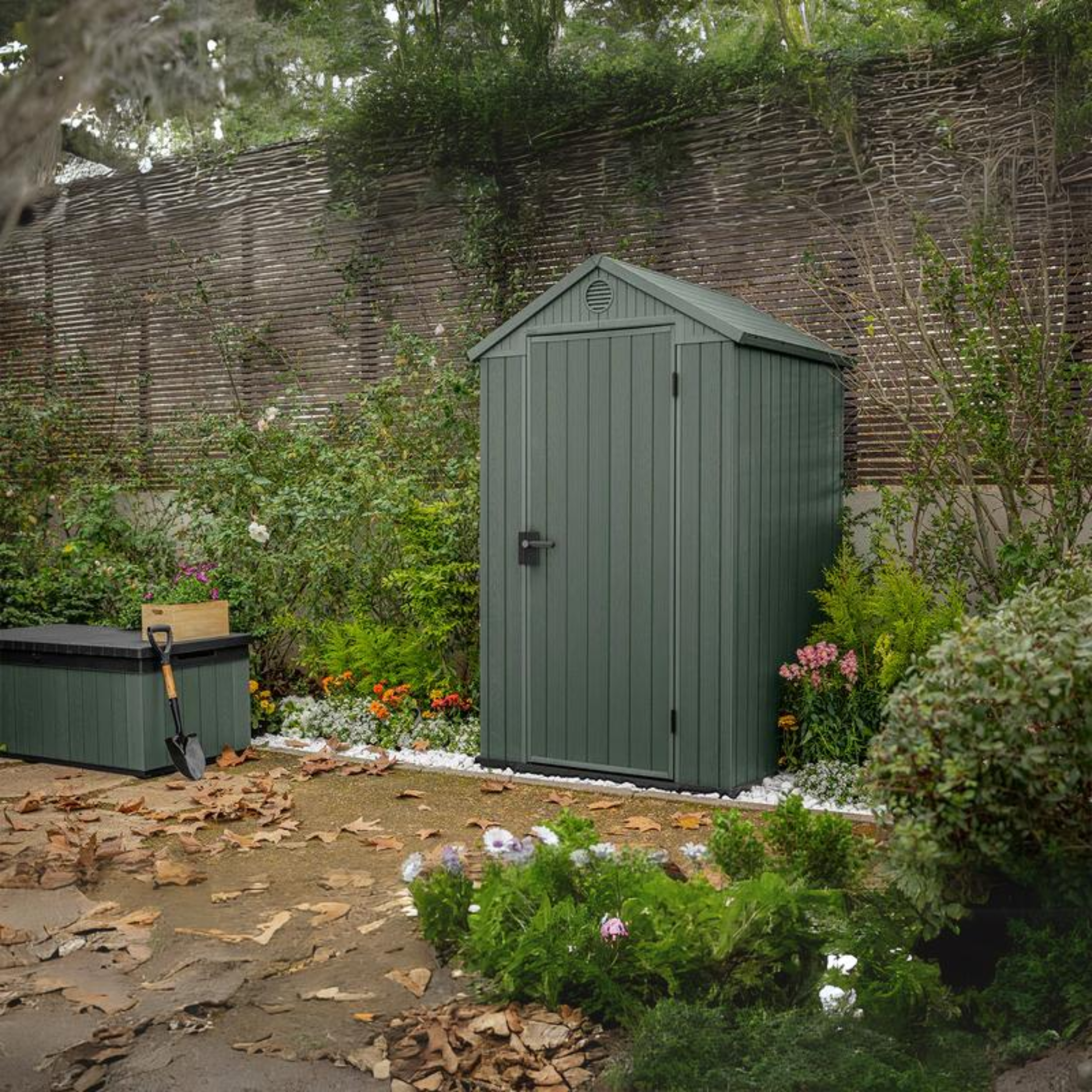 "Serenity" resin garden shed with a green wood-effect shed