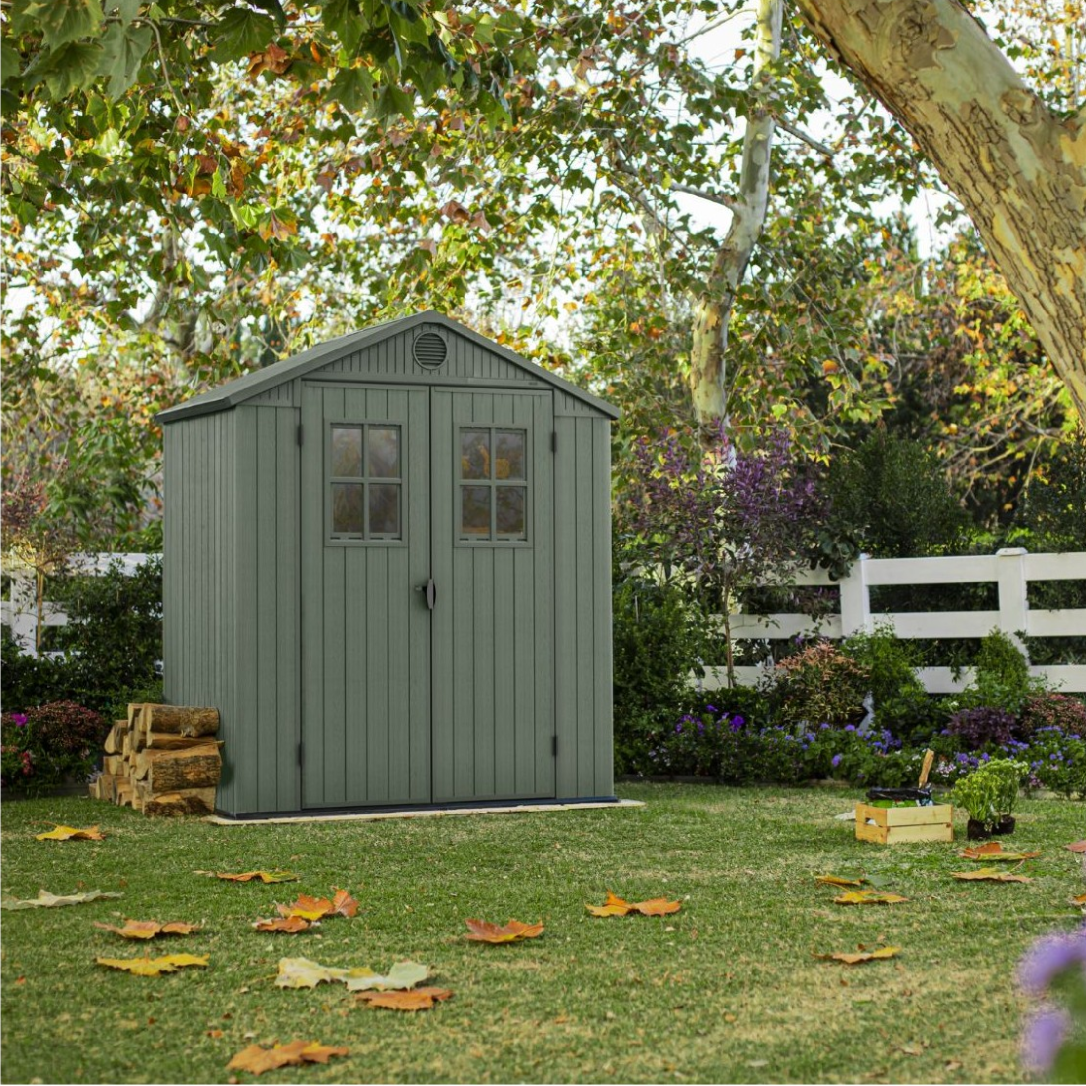 "Oasis" wood-effect resin garden house with two windows