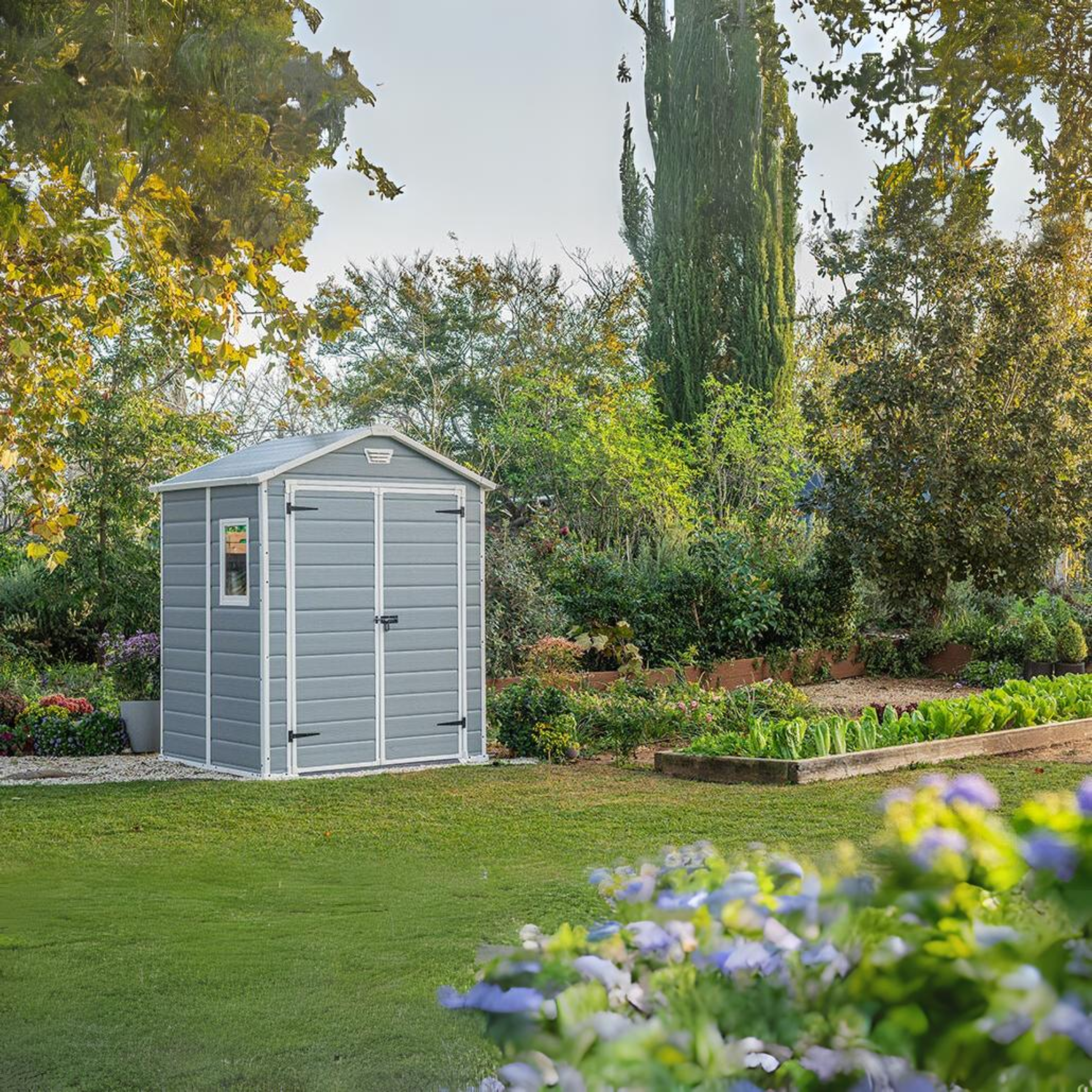"Wood1" grey resin garden shed with 1 side window