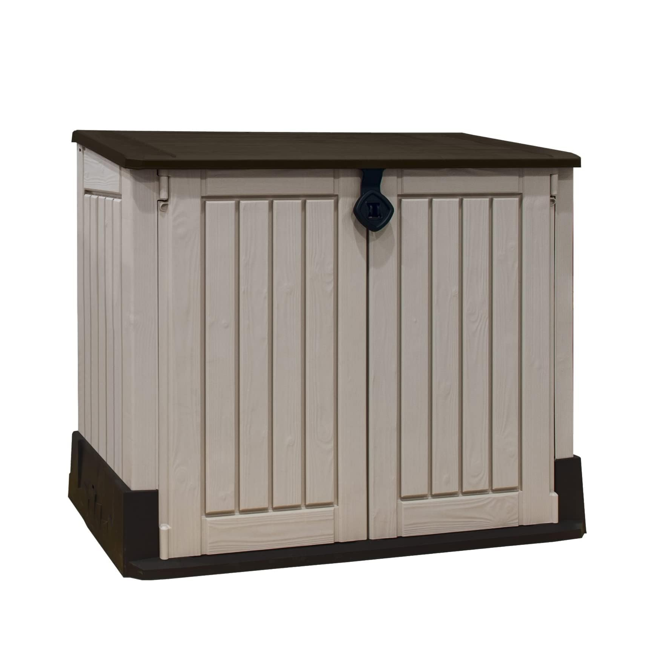 "Midi" beige outdoor resin trunk with wood effect, 132x71.5 cm, 113.5 cm high