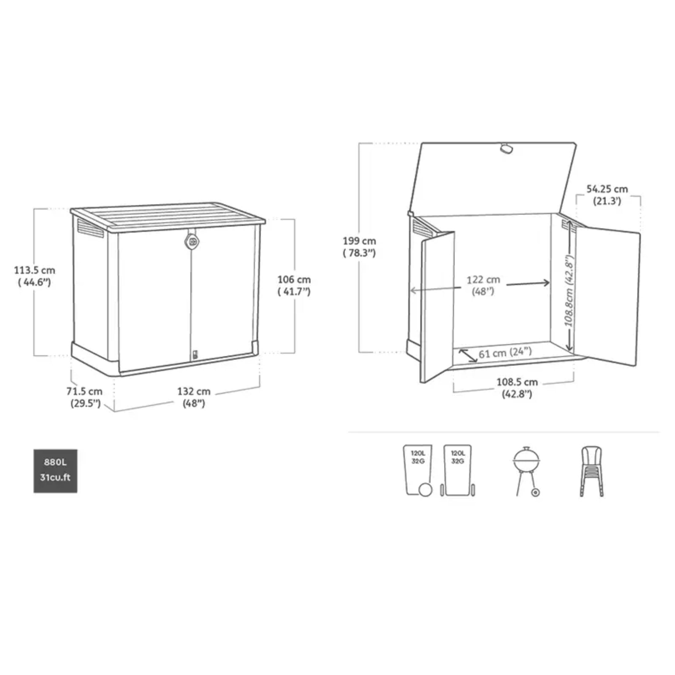 "Serene" black multipurpose outdoor resin trunk, 132x71.5 cm, 113.5 cm high