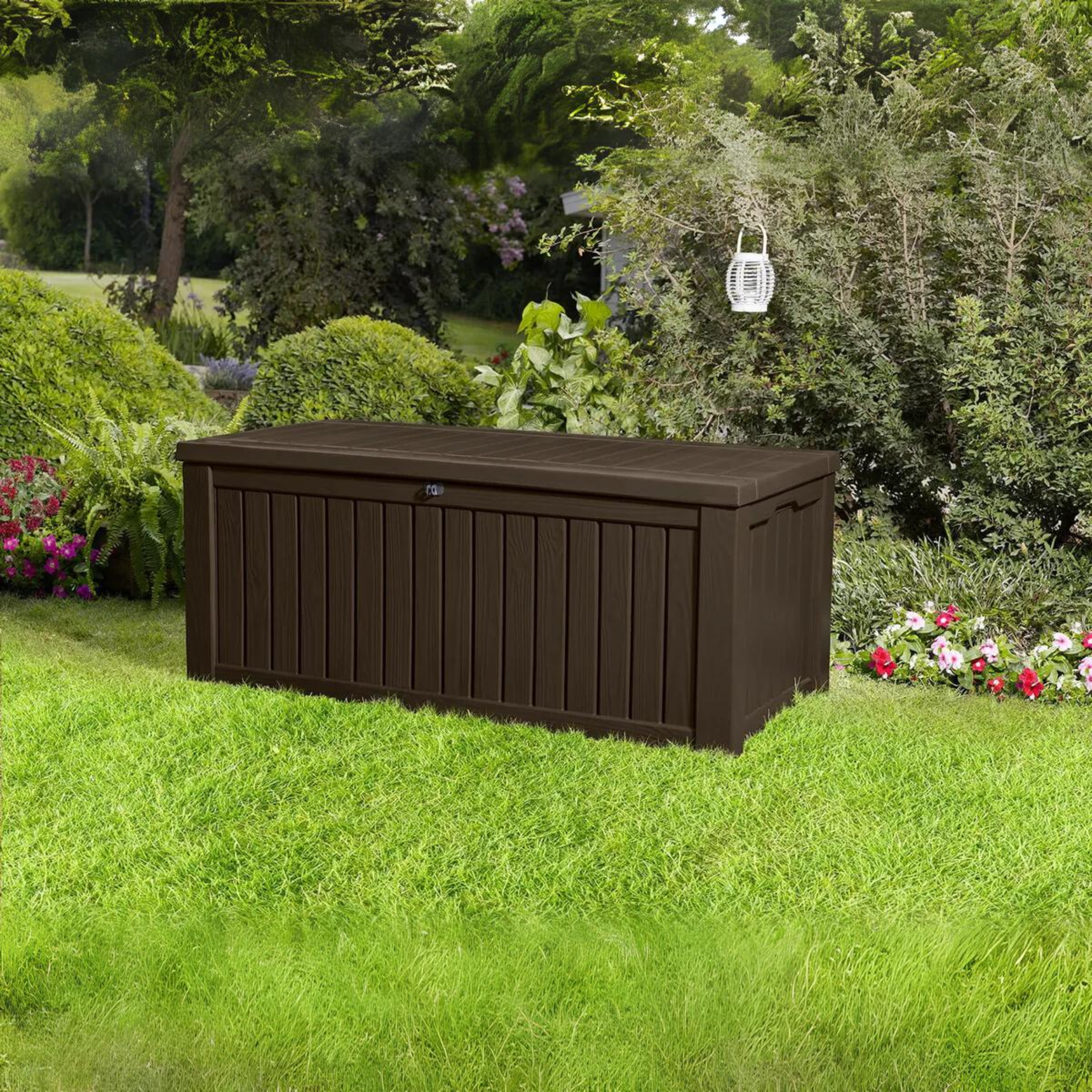 "Rock" outdoor resin trunk with wood effect, roomy 155x72.4 cm, 64.4 cm high