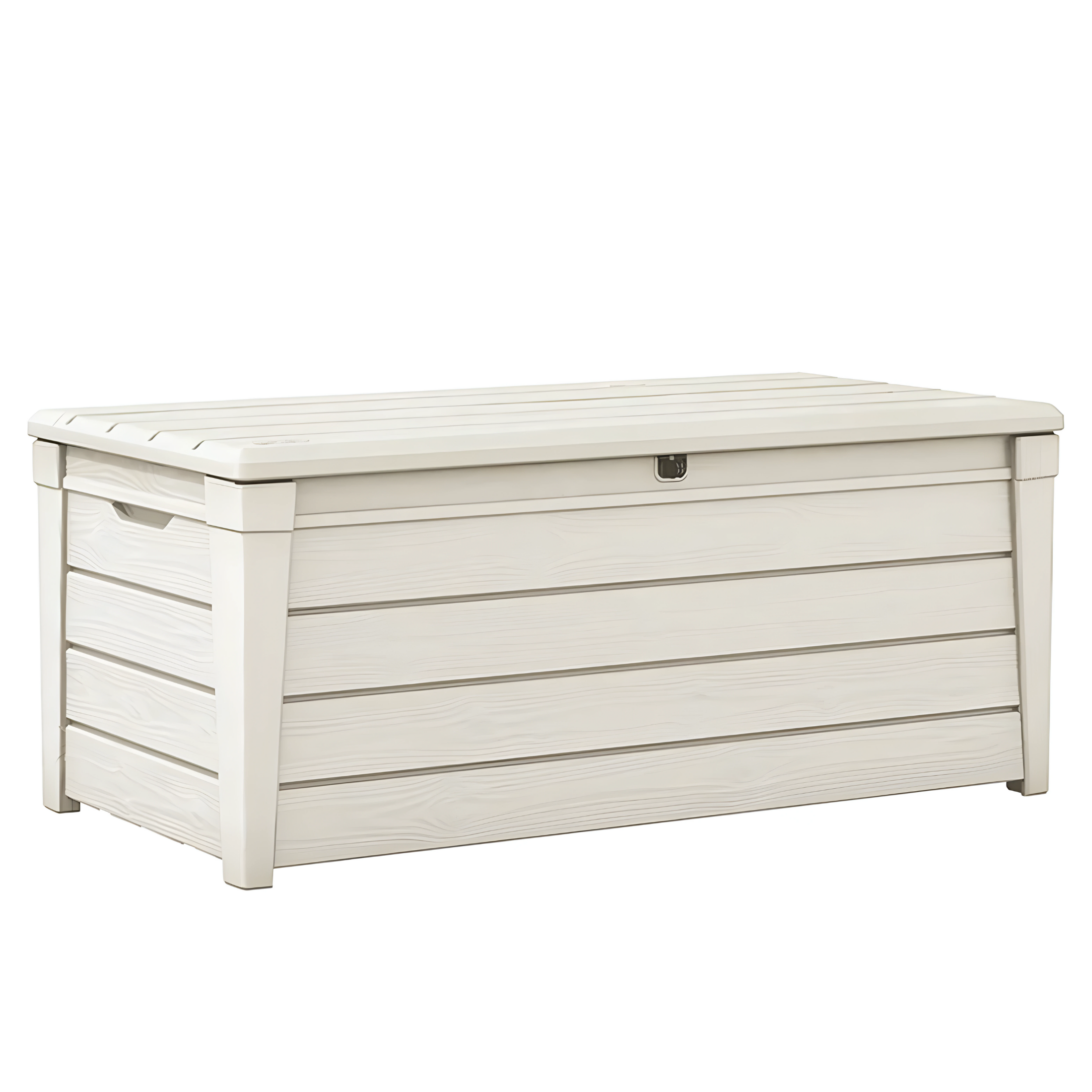 "Bright" large outdoor trunk in wood-effect resin, 145x69.7 cm, 60.3 cm high