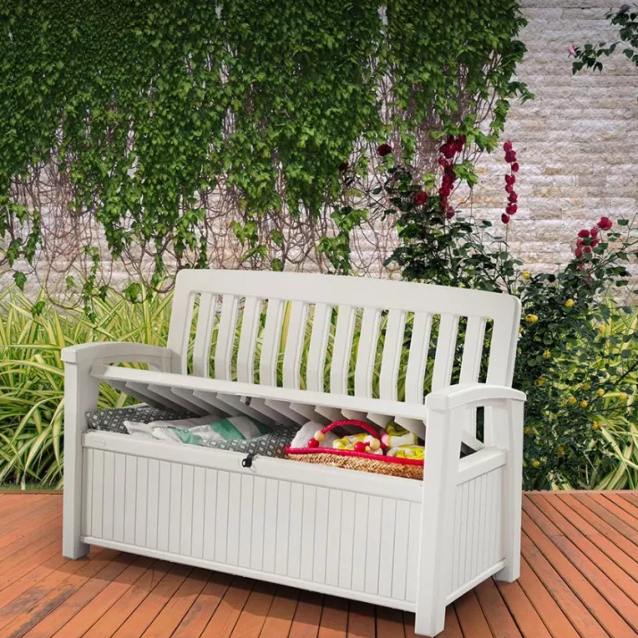 Patio outdoor container garden bench with wood effect, 132.7 x 61.2 cm, 89 cm high.