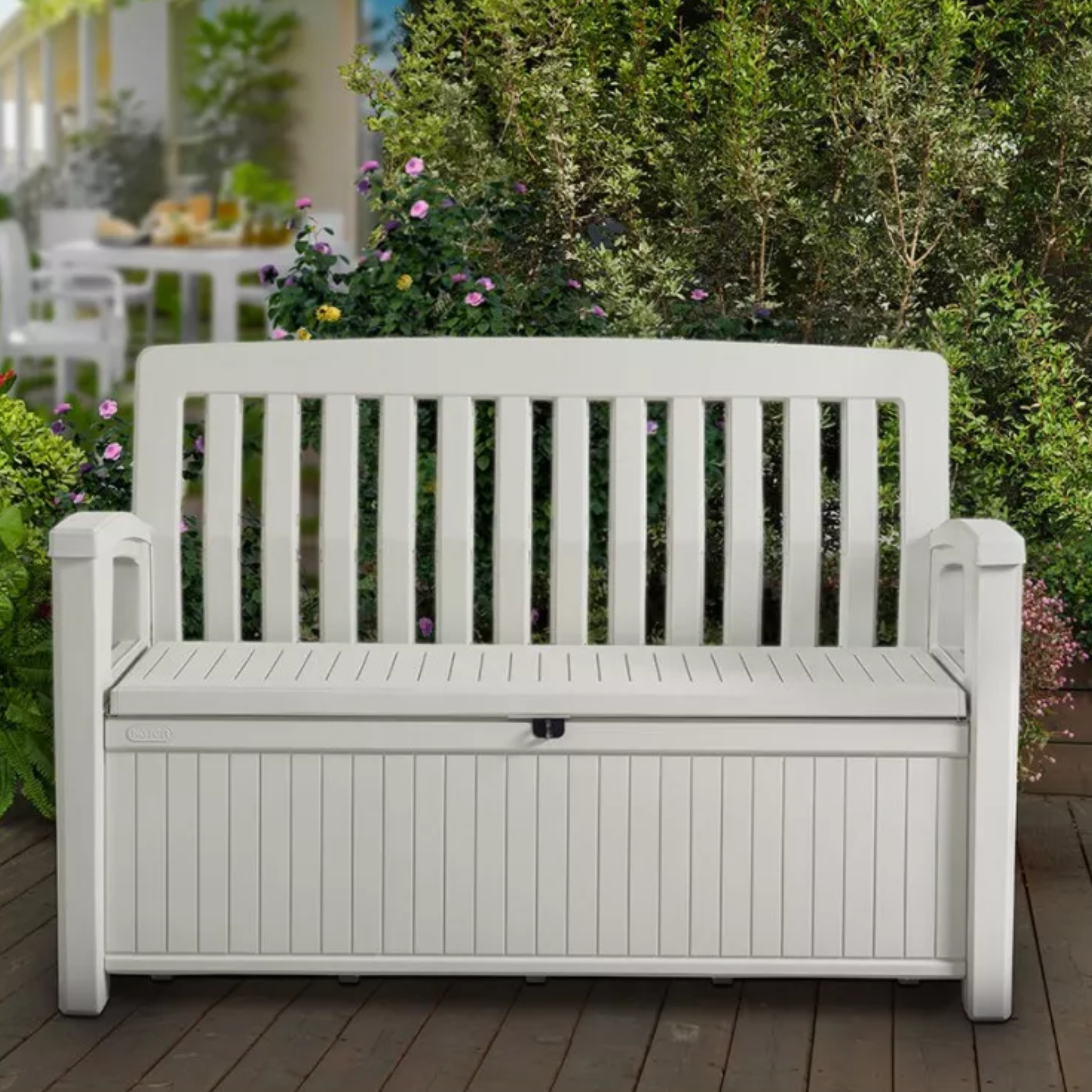 Patio outdoor container garden bench with wood effect, 132.7 x 61.2 cm, 89 cm high.