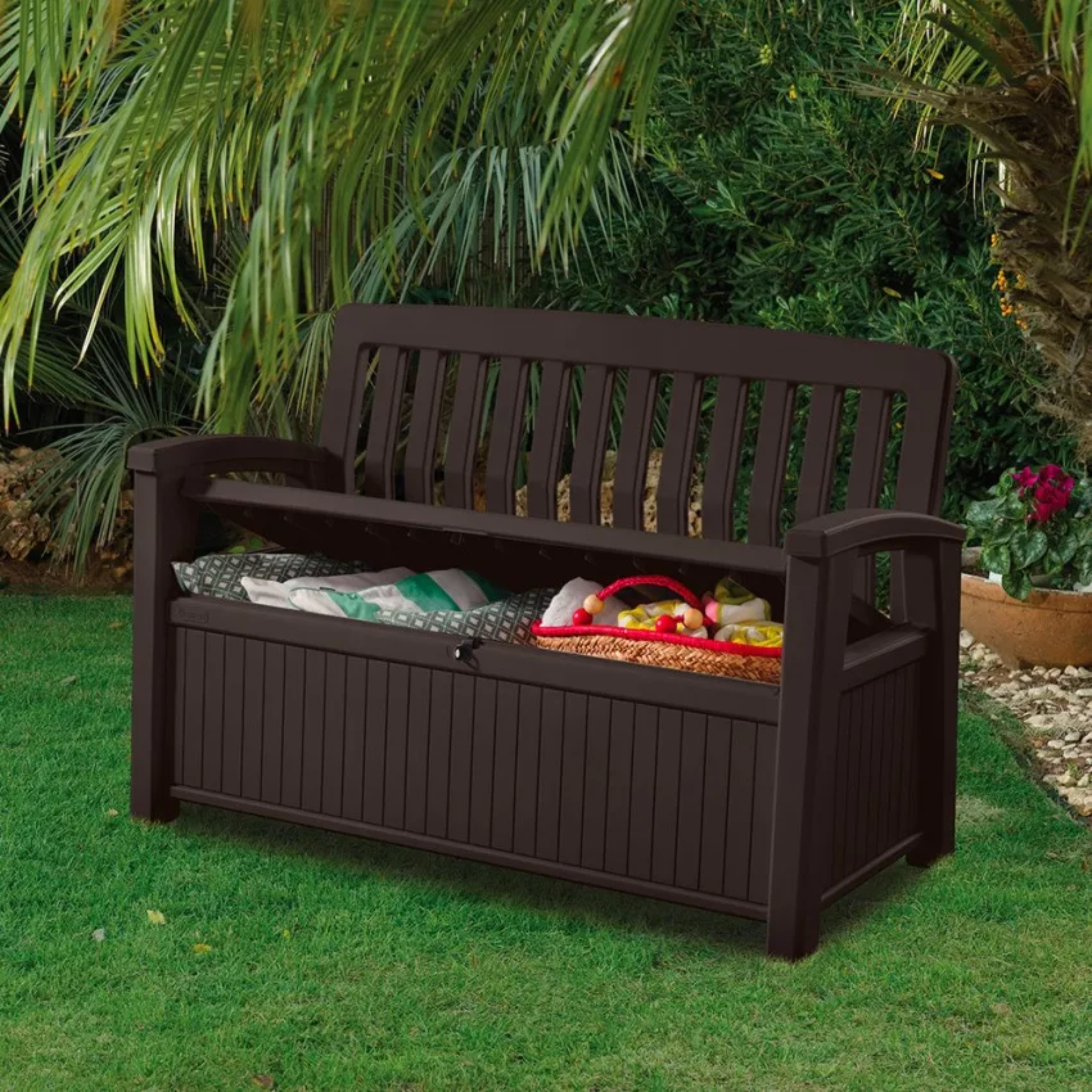 Patio outdoor container garden bench with wood effect, 132.7 x 61.2 cm, 89 cm high.
