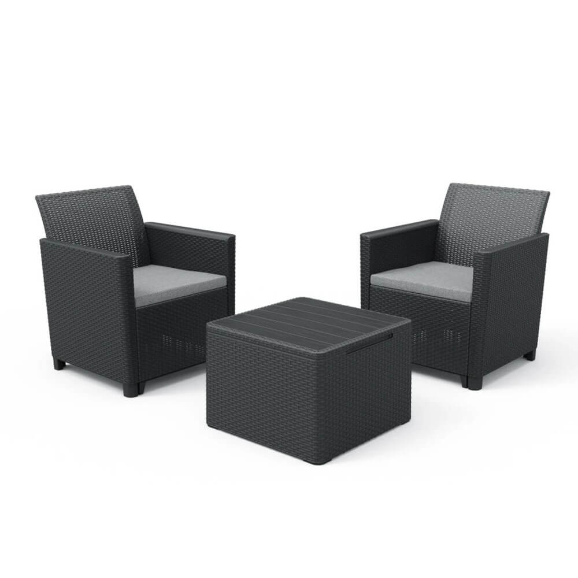 "Claire" resin garden lounge set with 2 armchairs and a storage table