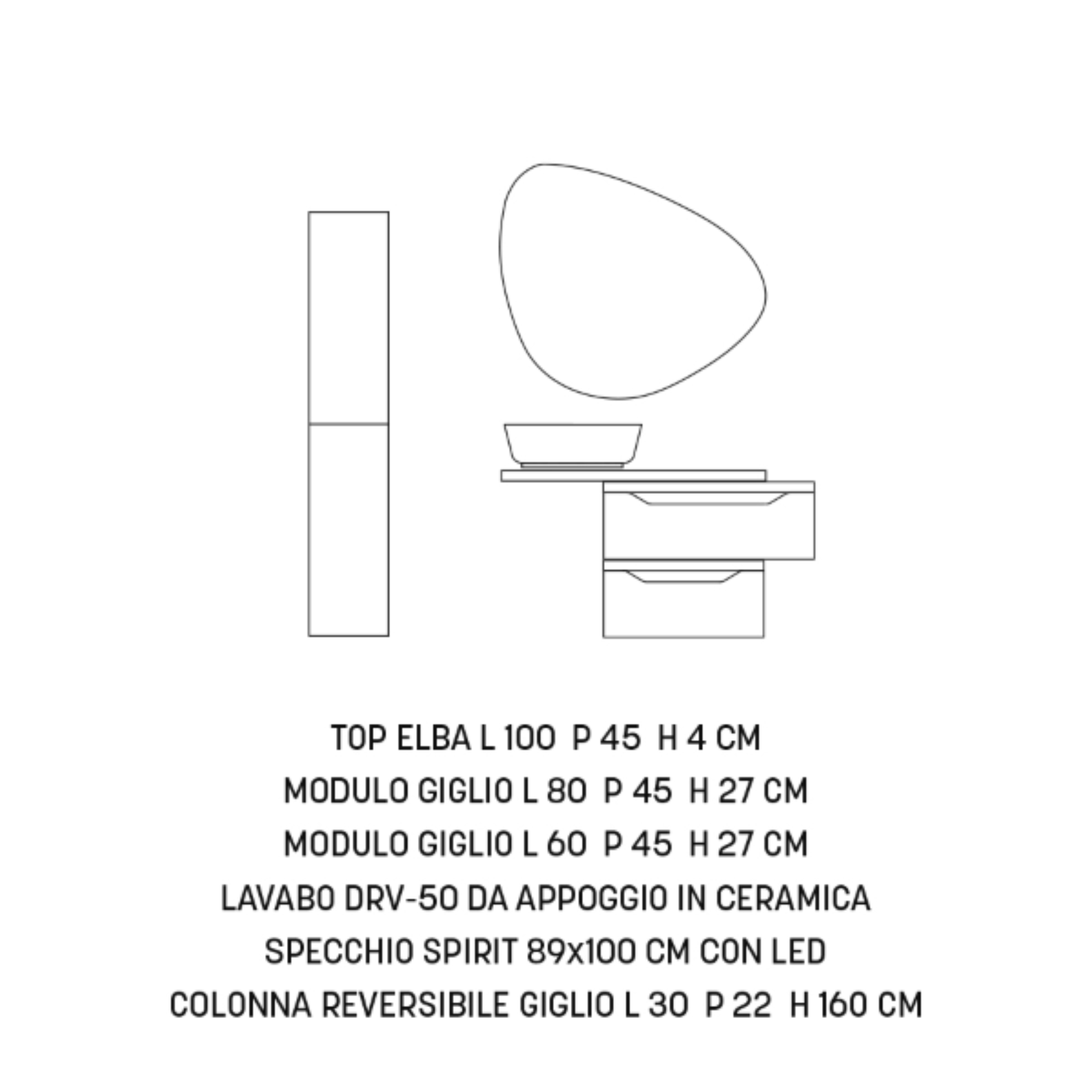 "Alaia" wall-hung bathroom cabinet, 2 drawers, LED mirror, sink and column, assembled