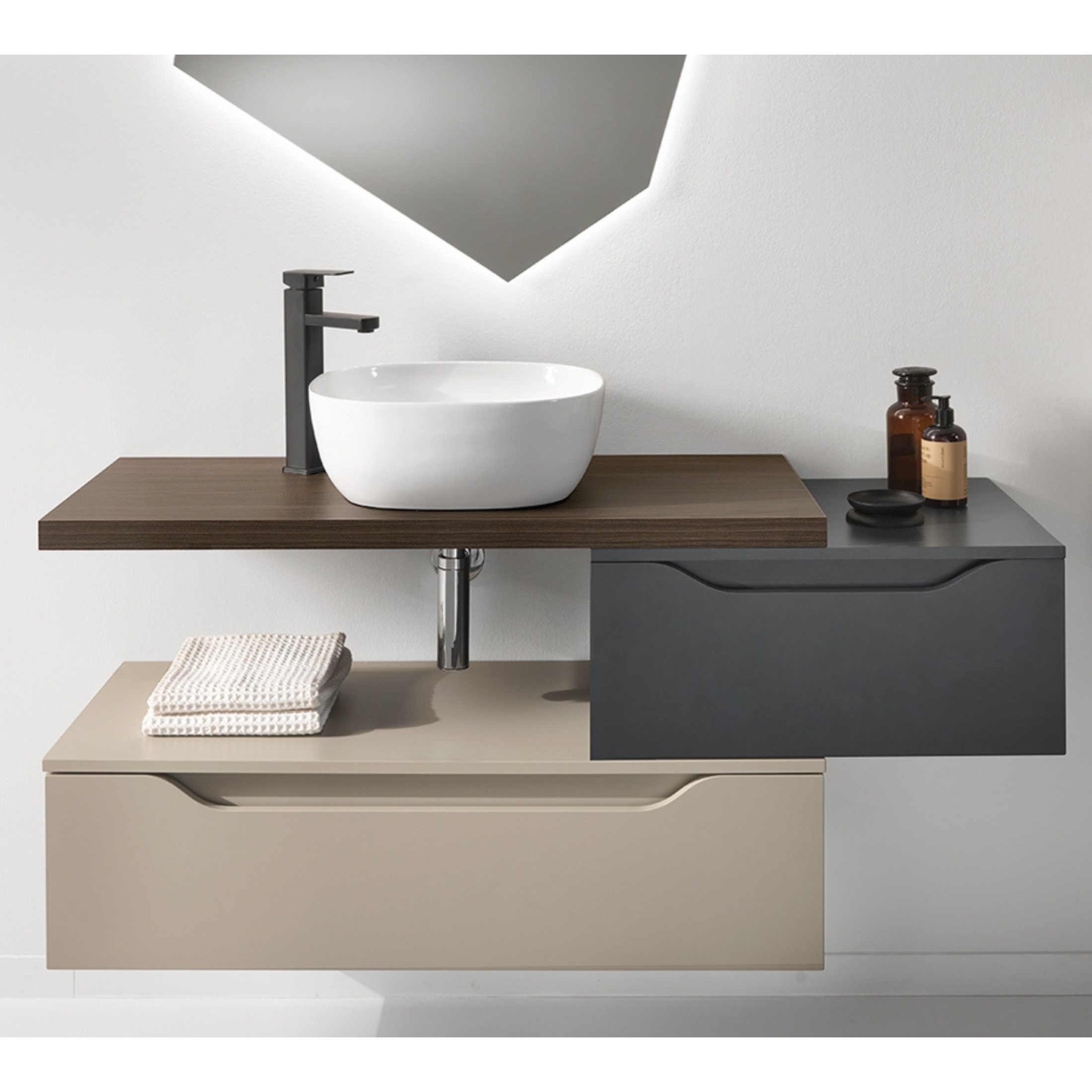 "Omar" wall-hung bathroom cabinet with 2 drawers and top with countertop sink and LED mirror