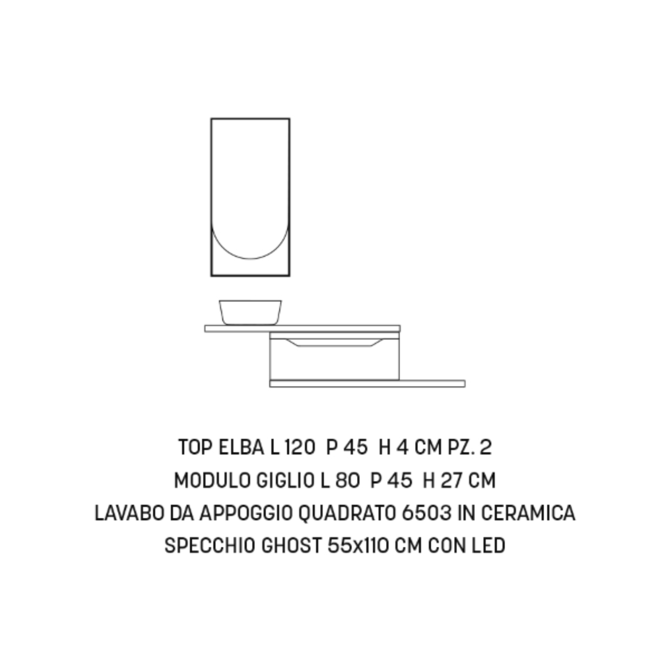 "Flora" modern wall-hung bathroom cabinet with 1 drawer, LED mirror, countertop washbasin