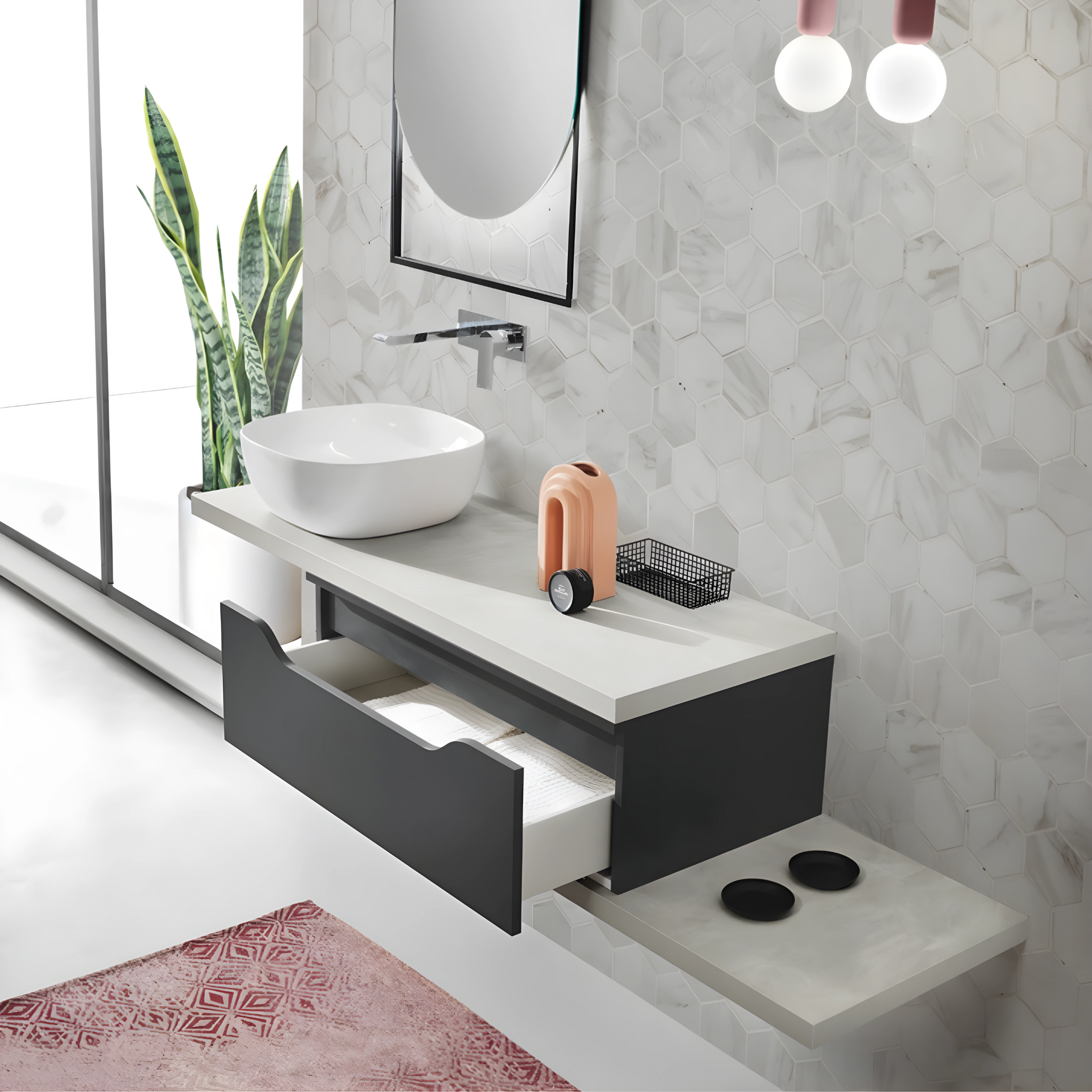 Mobile moderno da bagno sospeso "Flora" 1 cassetto specchio led lavabo da appoggio