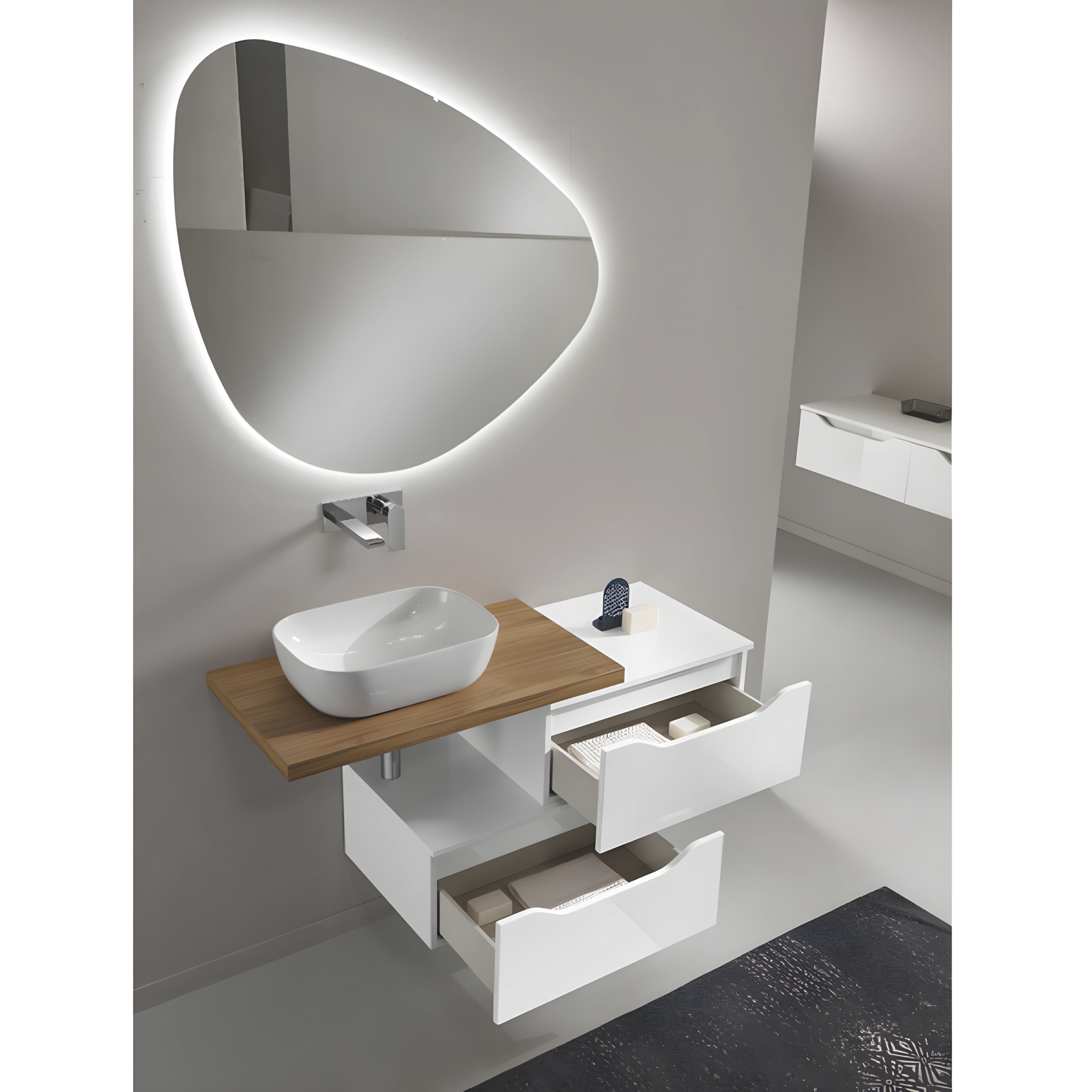 Mobile da bagno sospeso "Octavia" 2 cassetti 2 colonne lavabo da appoggio specchio Led