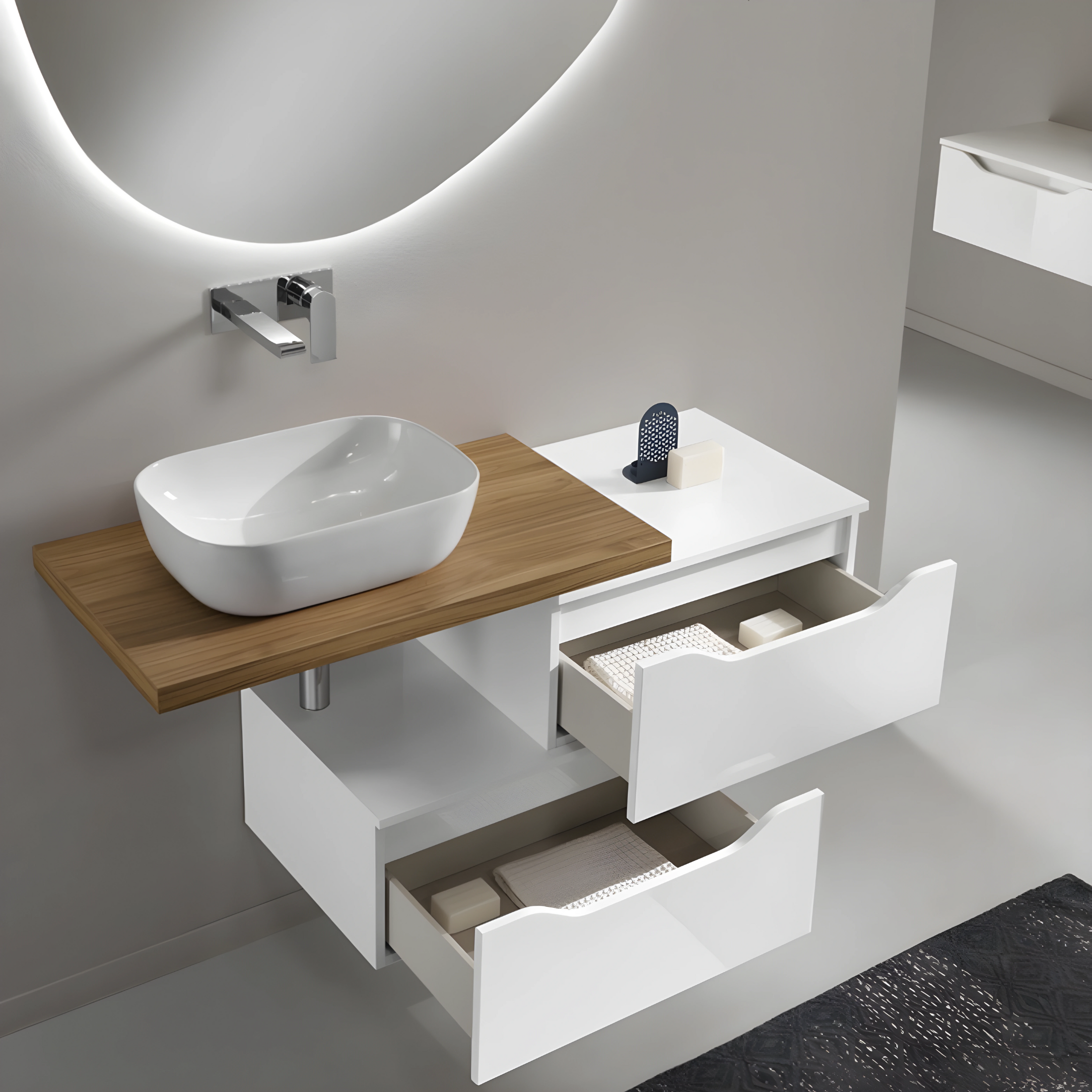 "Octavia" wall-hung bathroom cabinet with 2 drawers, 2 columns, countertop washbasin, LED mirror