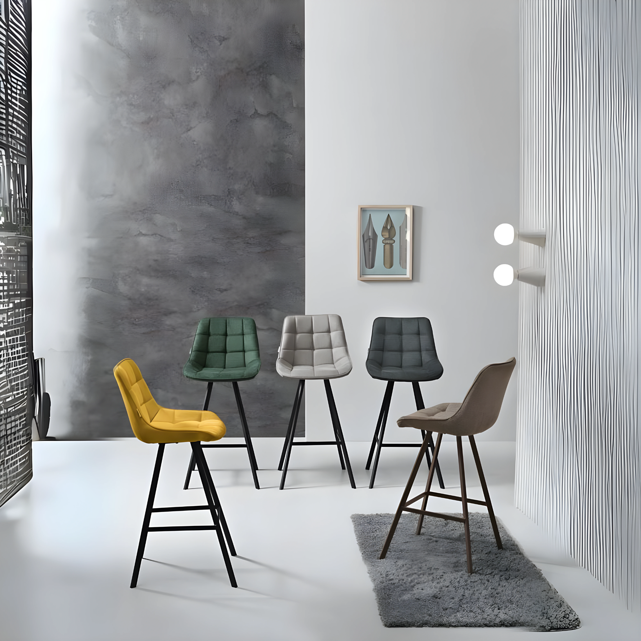 Set of "Morgan" padded stools with black metal frame, 48x55 cm, 102 cm high.