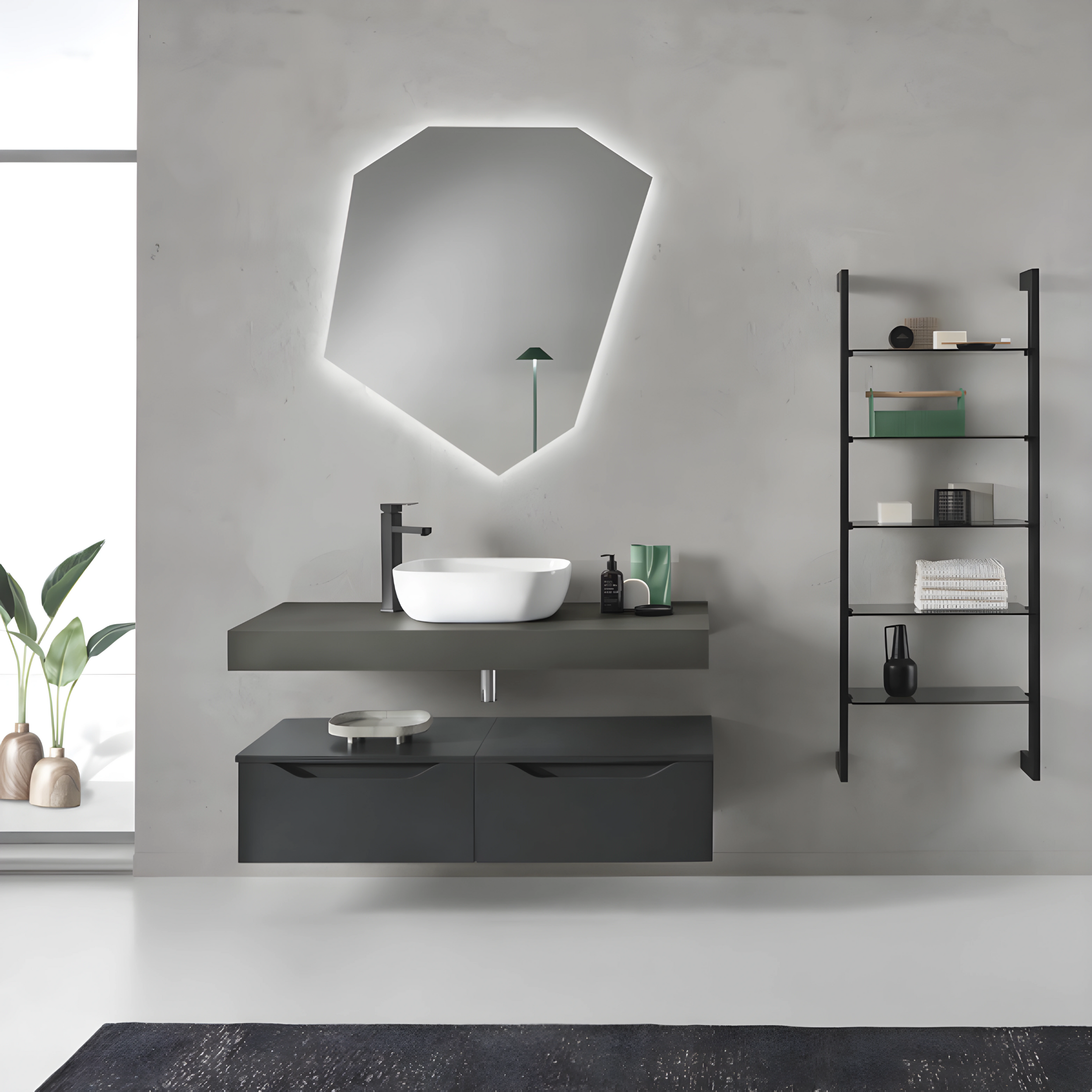 Mobile da bagno sospeso "Becky" moderno 2 cassetti specchio Led lavabo scaletta step