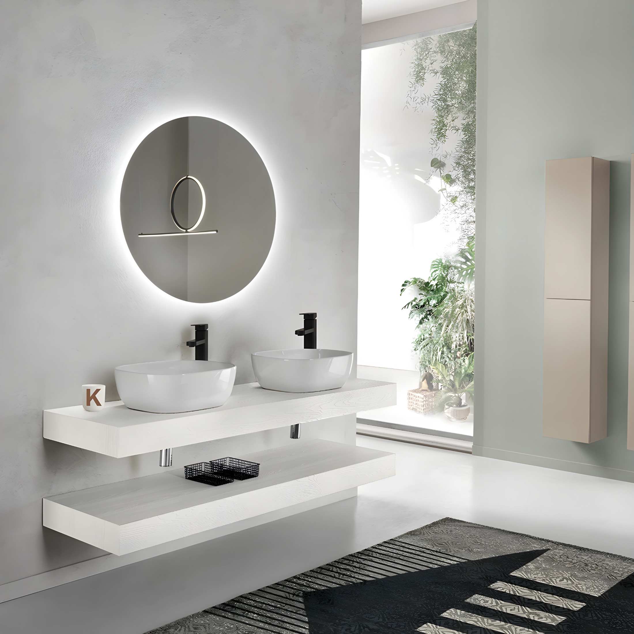 "Elion" suspended bathroom cabinet with 2 columns, 2 sinks, 2 LED mirror tops