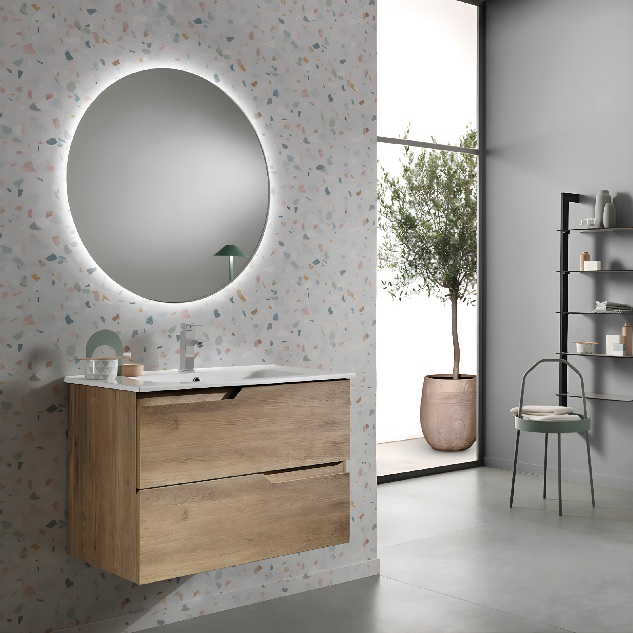 "Mika" modern wall-hung bathroom cabinet with LED mirror, 2-drawer sink