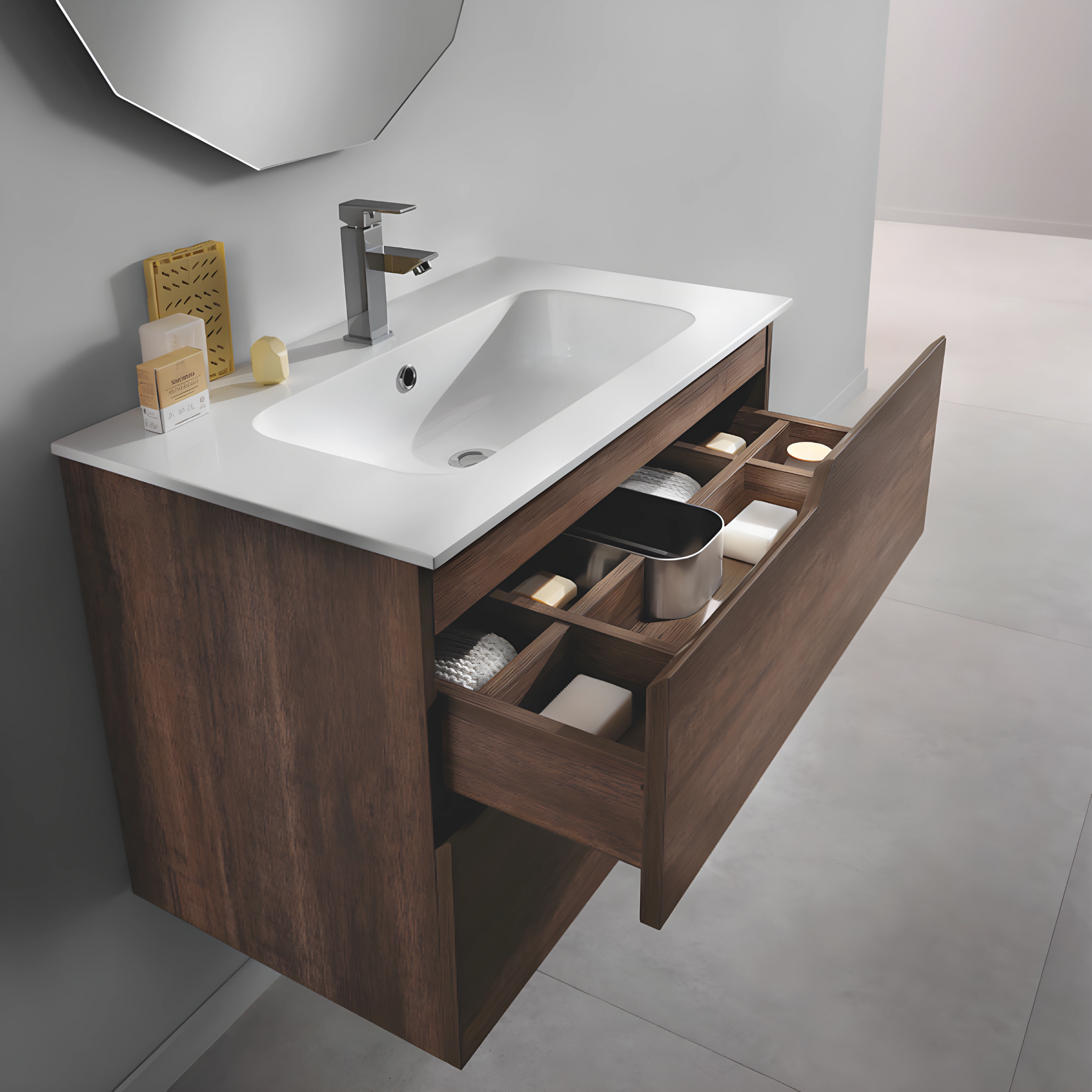 "Cuba" suspended bathroom cabinet with 2 drawers, 80 cm, with mirror column and TEK washbasin