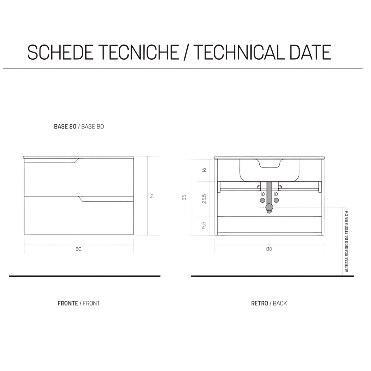 Mobile da bagno sospeso "Cuba" base 2 cassetti 80 cm con colonna specchio e lavabo TEK - MondoViro