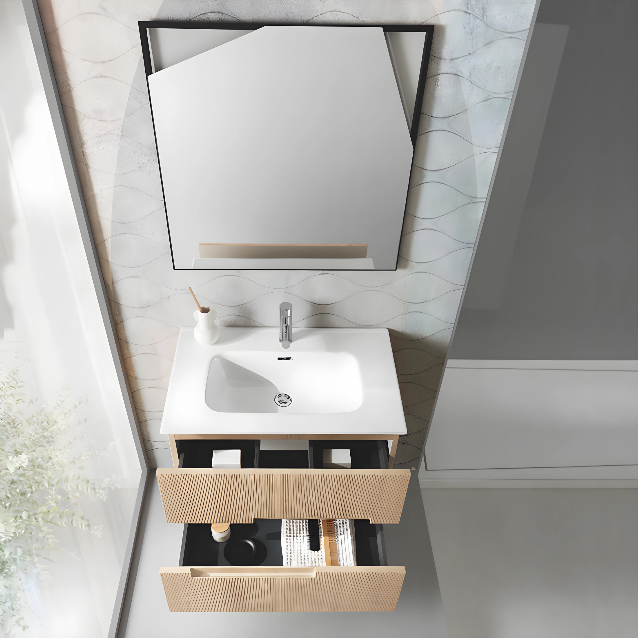 Mobile da bagno sospeso "Tayla" con 2 cassetti specchio Led e lavabo