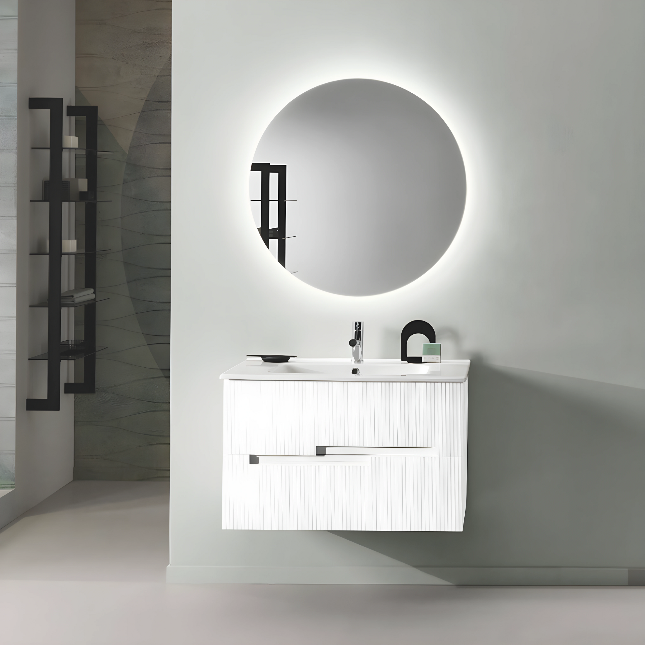 Mobile moderno da bagno in legno 2 cassetti "Cloud80" con lavabo e specchio Led