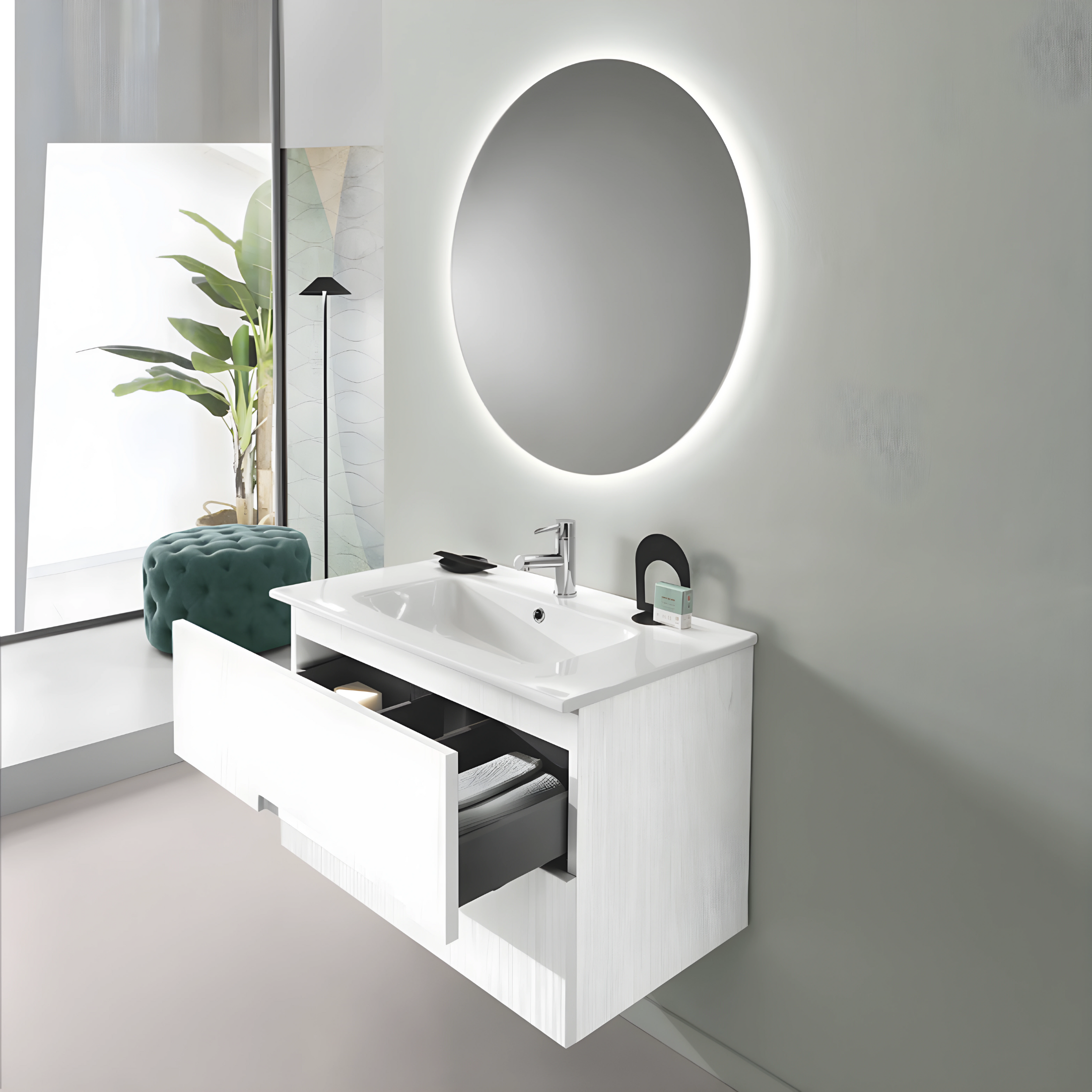 Mobile moderno da bagno in legno 2 cassetti "Cloud80" con lavabo e specchio Led
