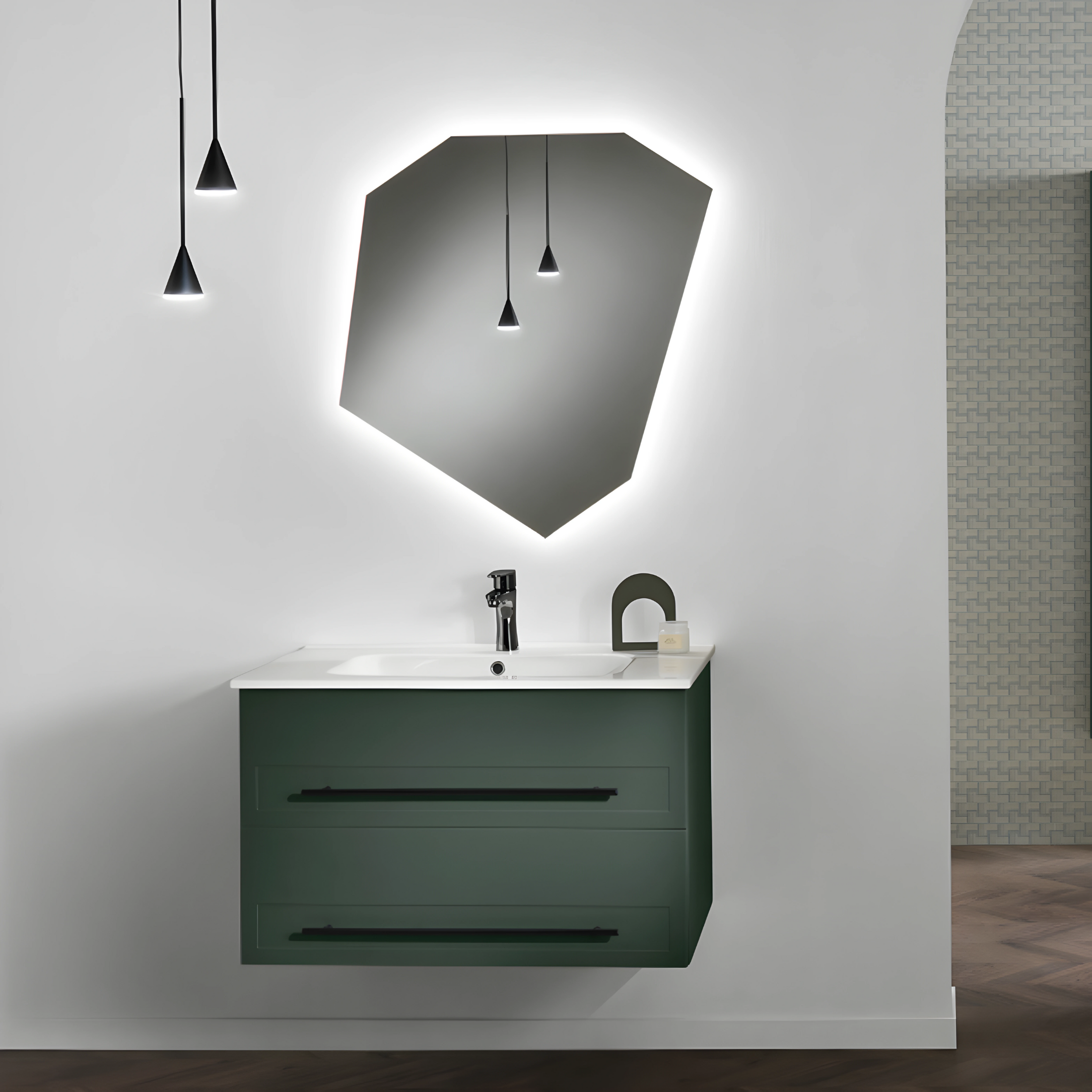 Mobile da bagno sospeso moderno "Sierra80" con 2 cassetti lavabo e specchio Led