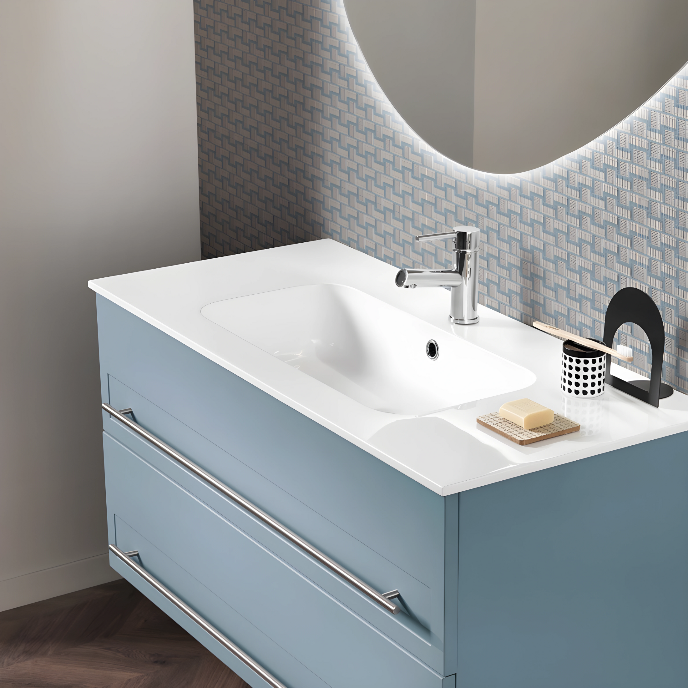 Mobile da bagno in legno 2 cassetti "Denim100" con lavabo e specchio Led
