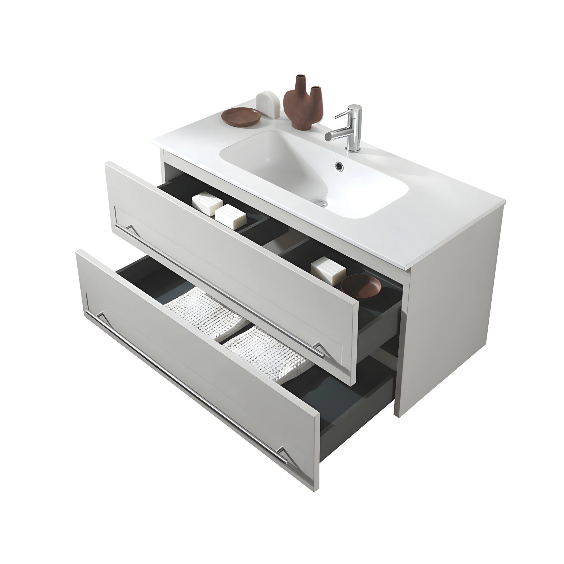 "Nemo" wall-hung bathroom cabinet with 2 drawers, sink, LED mirror and suspended column