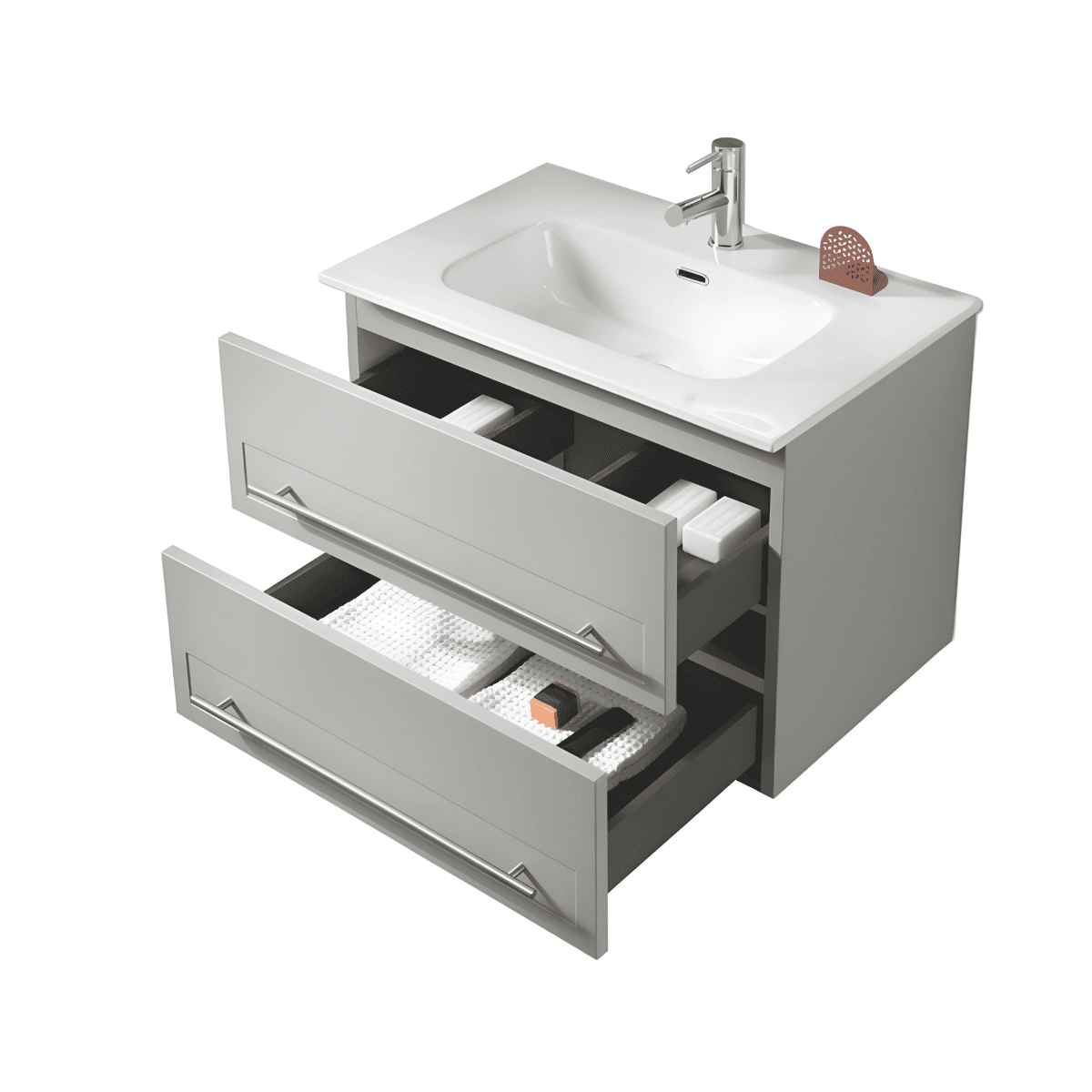 Mobile da bagno sospeso moderno "Benedict" con 2 cassetti lavabo e specchio Led - MondoViro