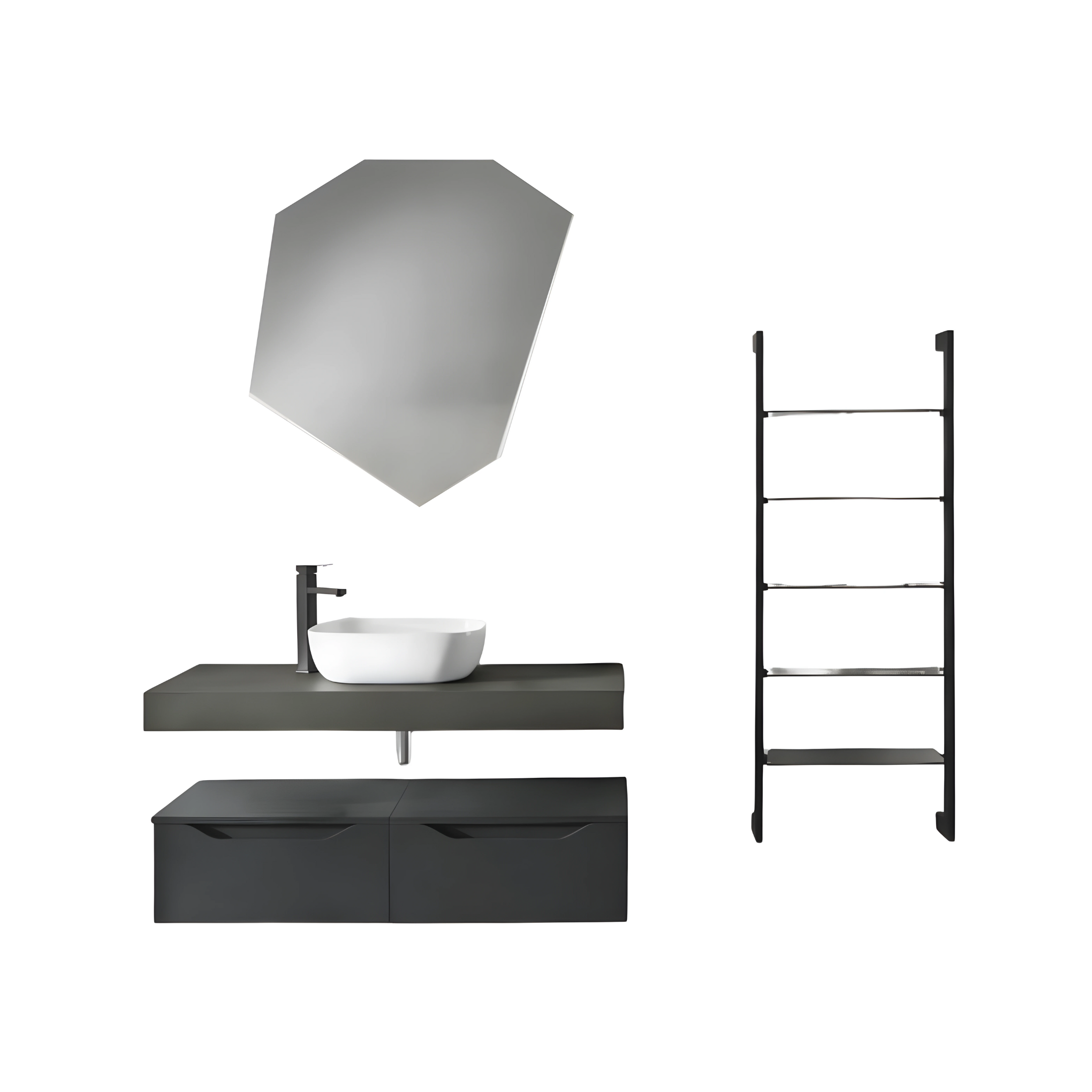 "Becky" modern wall-hung bathroom cabinet with 2 drawers, LED mirror, sink, step ladder