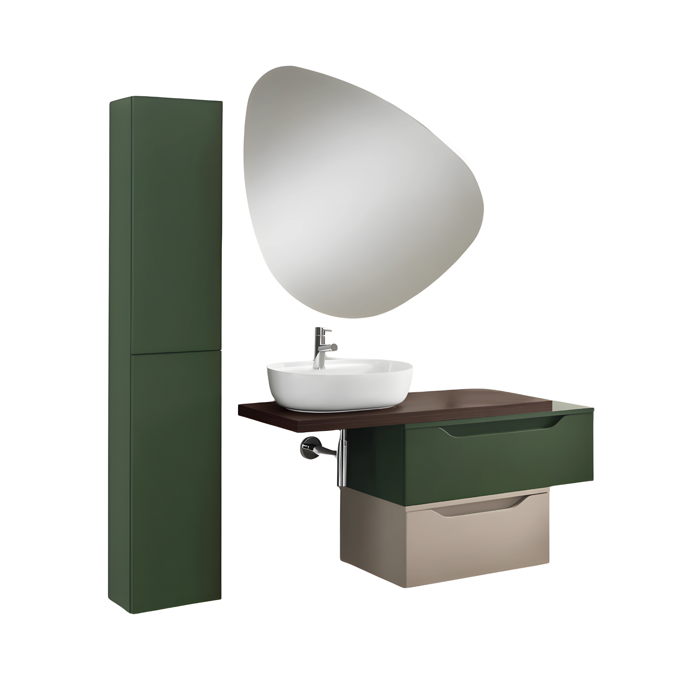 "Alaia" wall-hung bathroom cabinet, 2 drawers, LED mirror, sink and column, assembled