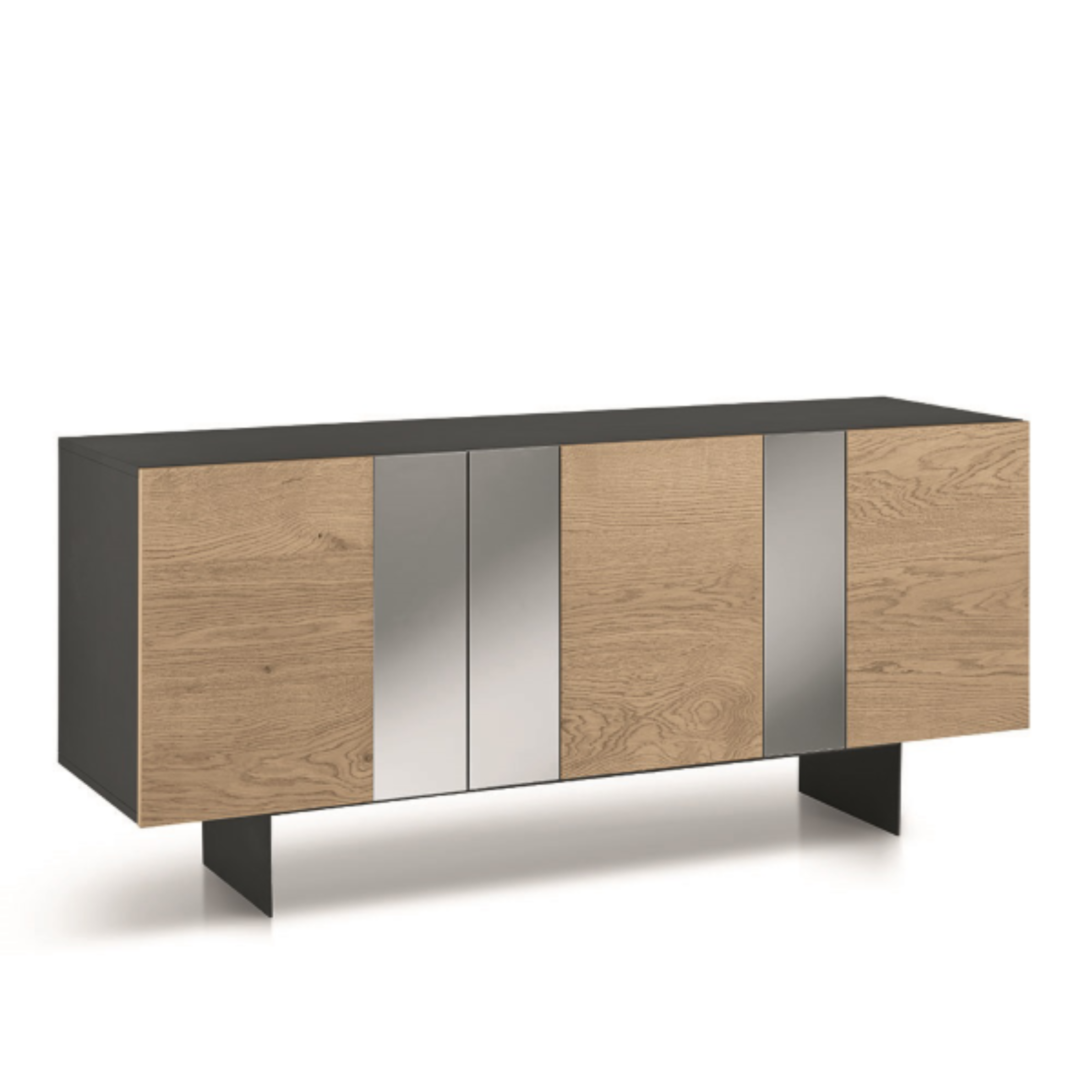 Modern 3-door sideboard "Isabel" already assembled in wood with mirror inserts, 180x50 cm, 80 cm high.